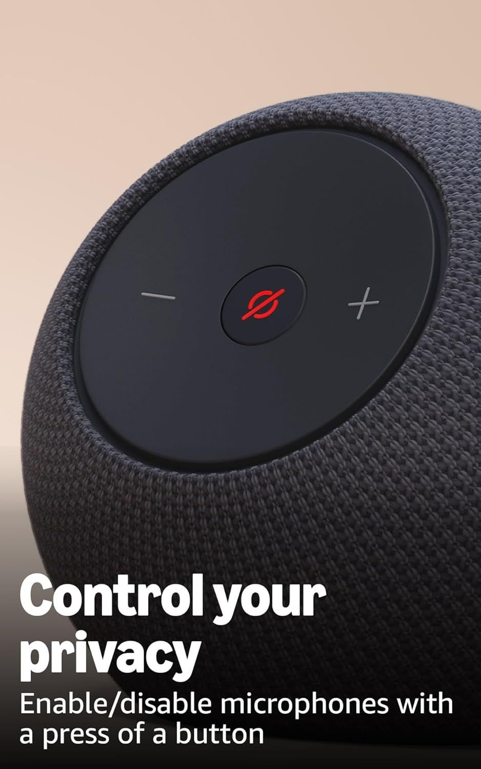 Highlights the privacy feature that allows users to easily enable or disable the microphone with a single button press, reassuring shoppers about control over their personal privacy.