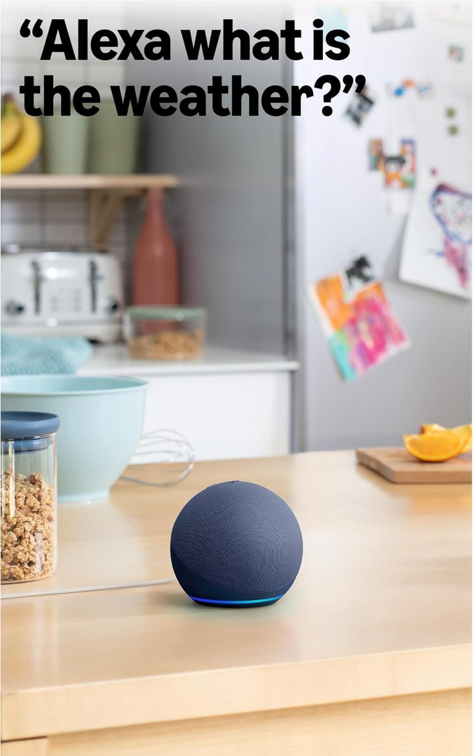 Demonstrates the product's voice-activated capability and smart home integration, showing shoppers how they can use Alexa to get information hands-free in everyday home settings.