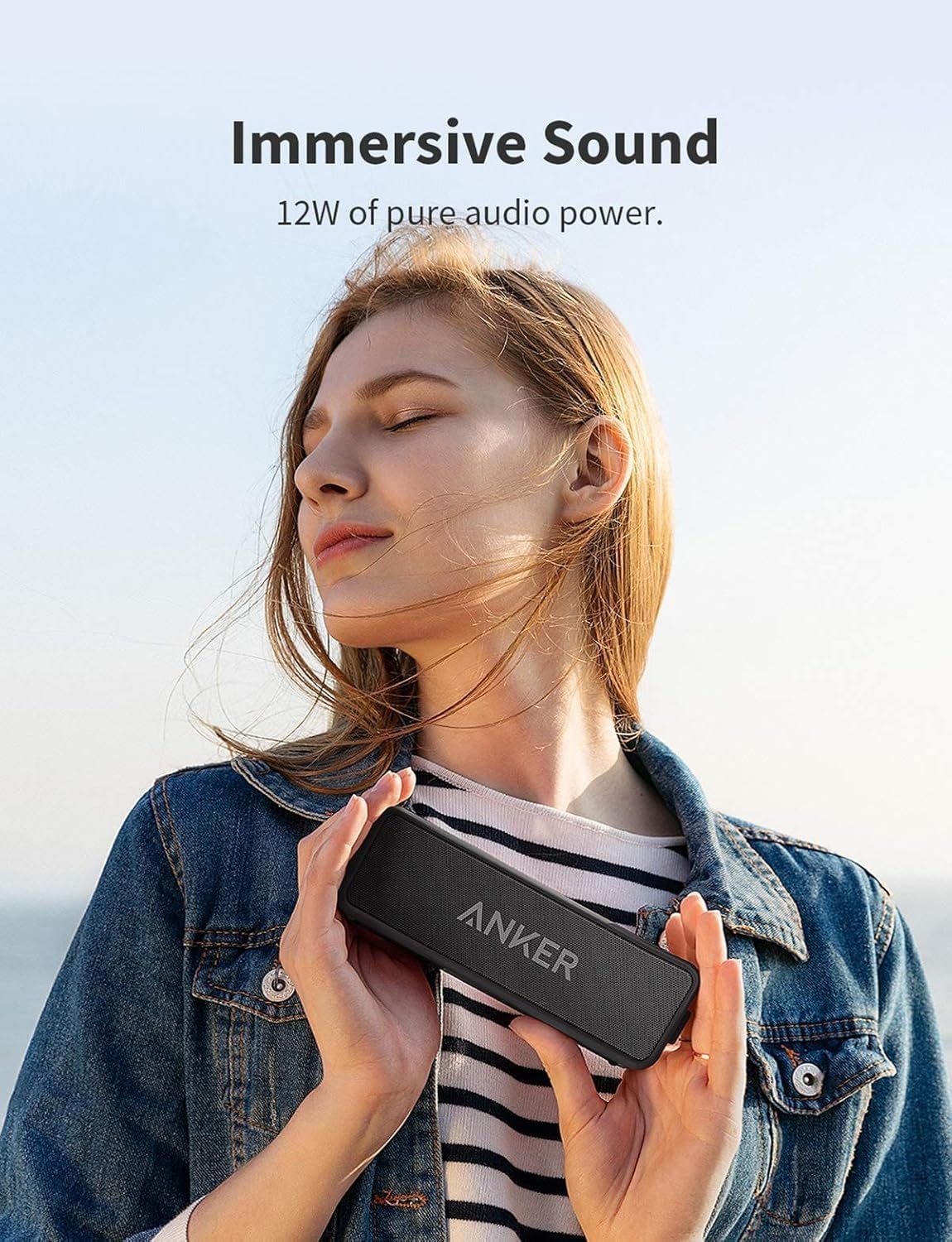 Communicates the speaker's powerful audio output capability using a specific wattage metric to reassure shoppers of high-quality sound performance. Highlights the primary benefit of immersive audio…