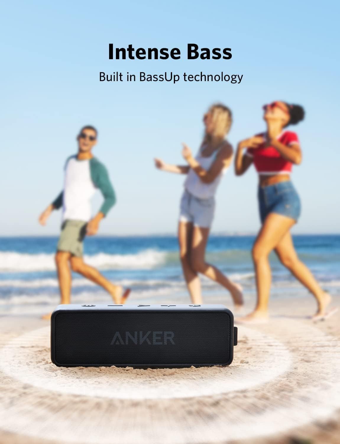 Highlights the speaker's enhanced bass audio performance to appeal to music lovers who want powerful, high-quality sound for outdoor and lifestyle use.