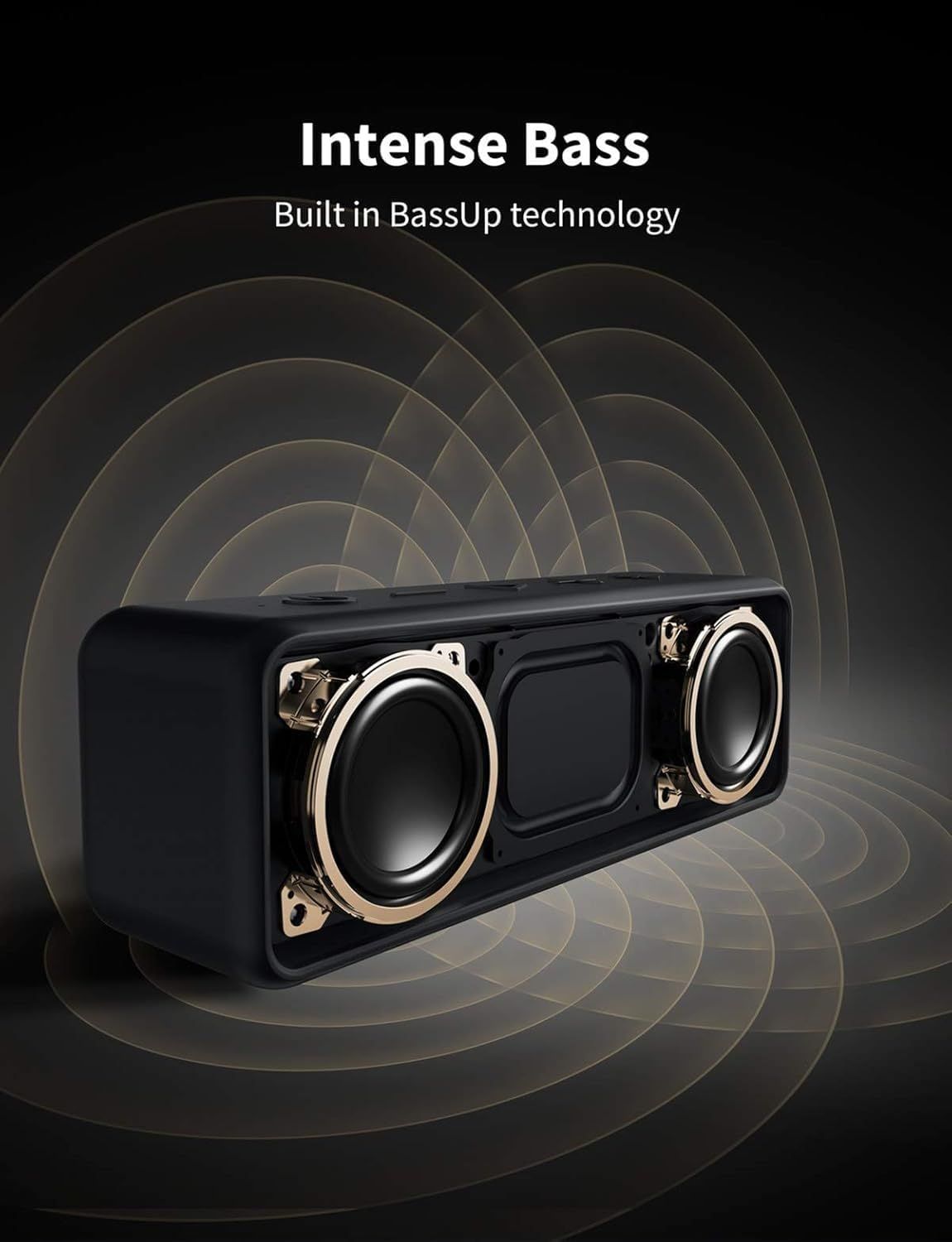 Highlights the speaker's powerful bass performance and proprietary BassUp technology to appeal to audio enthusiasts seeking enhanced low-frequency sound quality.