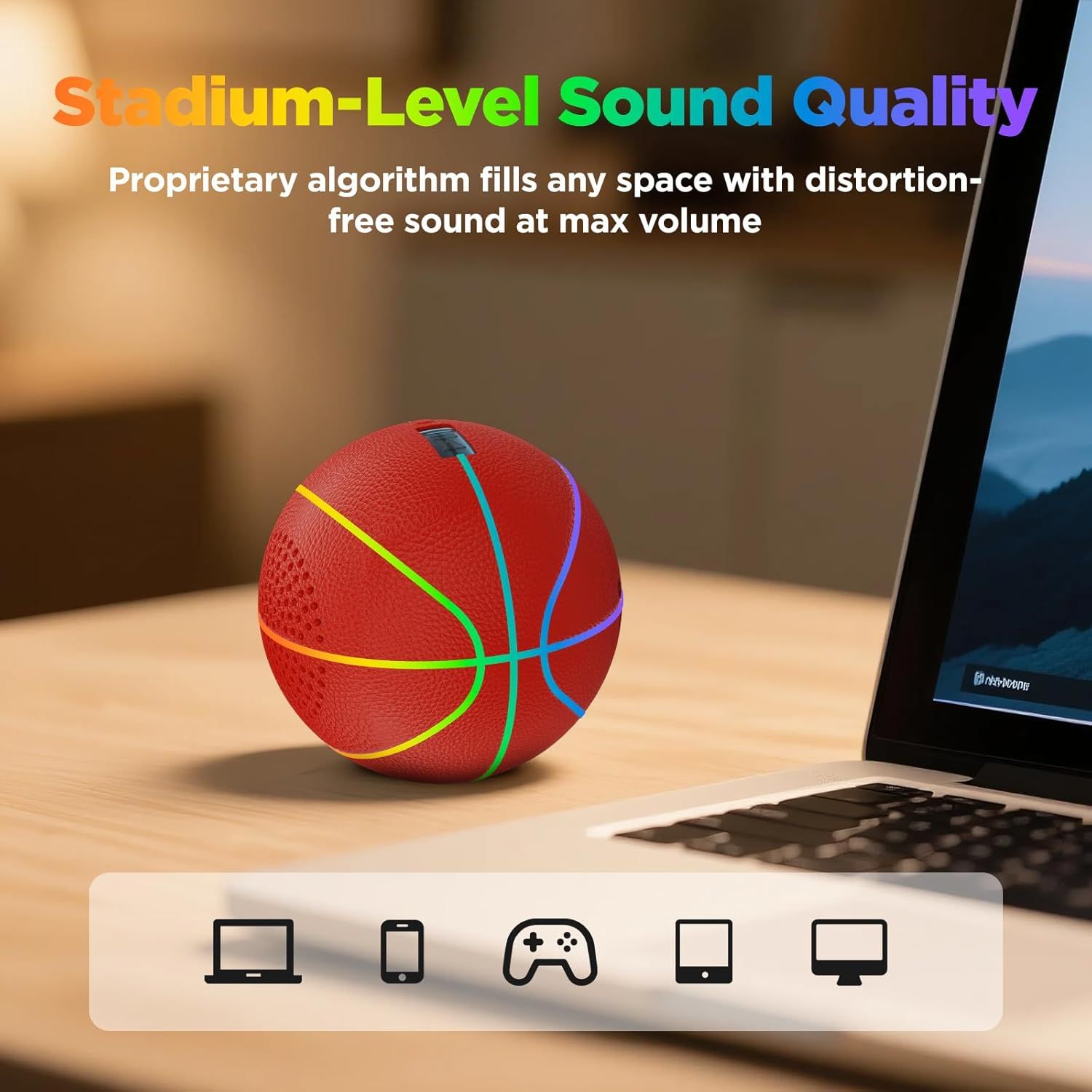 Communicates the speaker's premium audio performance with a proprietary algorithm that delivers high-quality, distortion-free sound at maximum volume, positioning it as a powerful audio solution.…