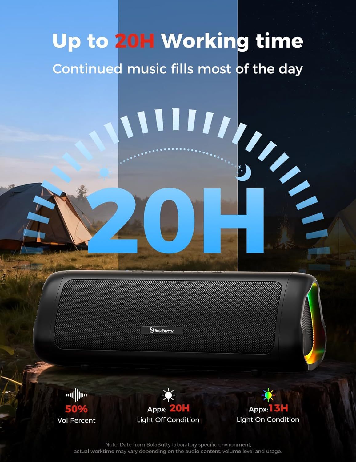 Communicates the product's impressive 20-hour battery life to reassure shoppers they can enjoy extended music playback throughout the day without frequent recharging. Highlights the key benefit of…