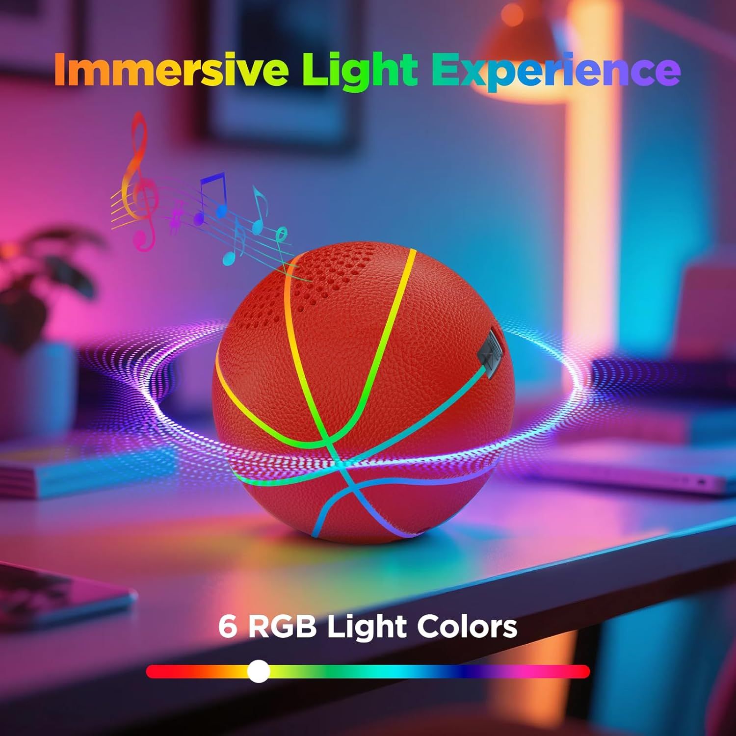 Highlights the speaker's immersive RGB lighting feature with 6 color options and music synchronization capability to appeal to shoppers looking for visual ambiance and entertainment value.