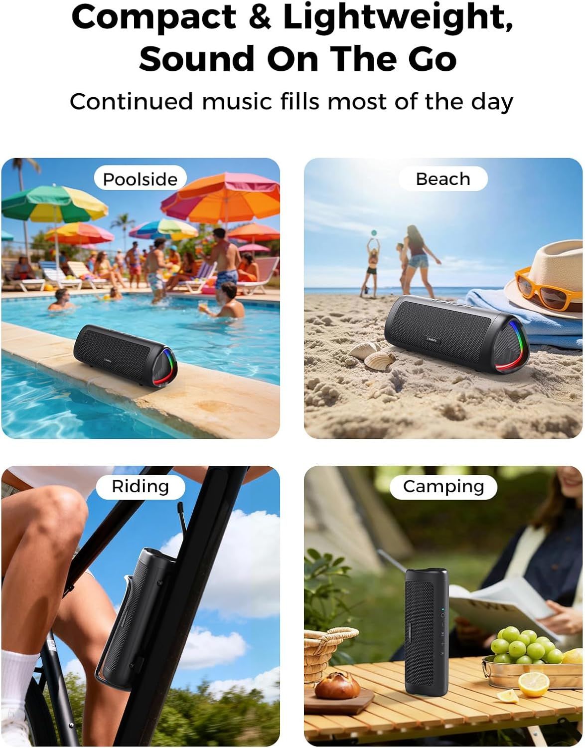 Demonstrates the product's versatility by showing it can be used in multiple outdoor and recreational environments—poolside, beach, riding, and camping—to reassure shoppers it's suitable for various…