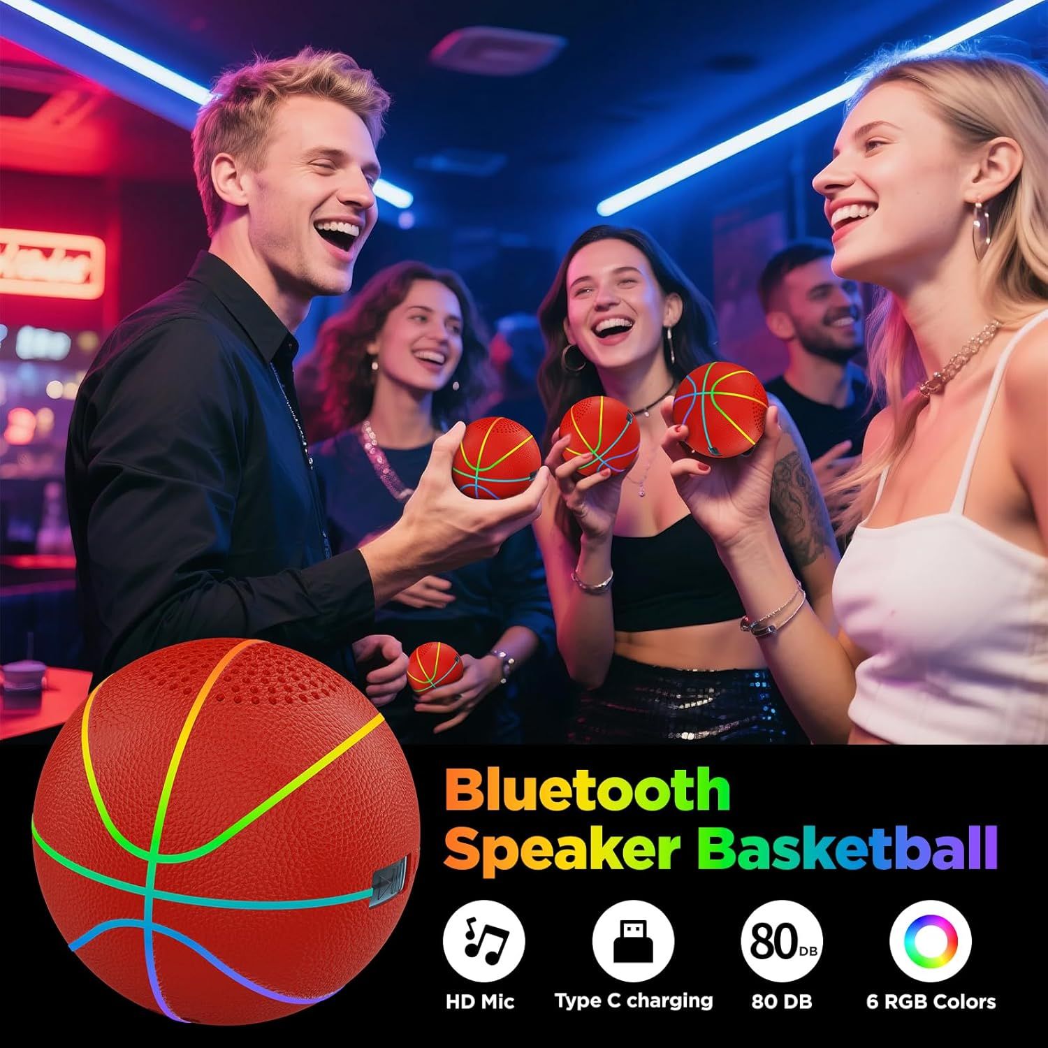 Showcases multiple key features of the basketball-shaped Bluetooth speaker in a segmented icon layout to communicate its versatility and technical capabilities to shoppers.