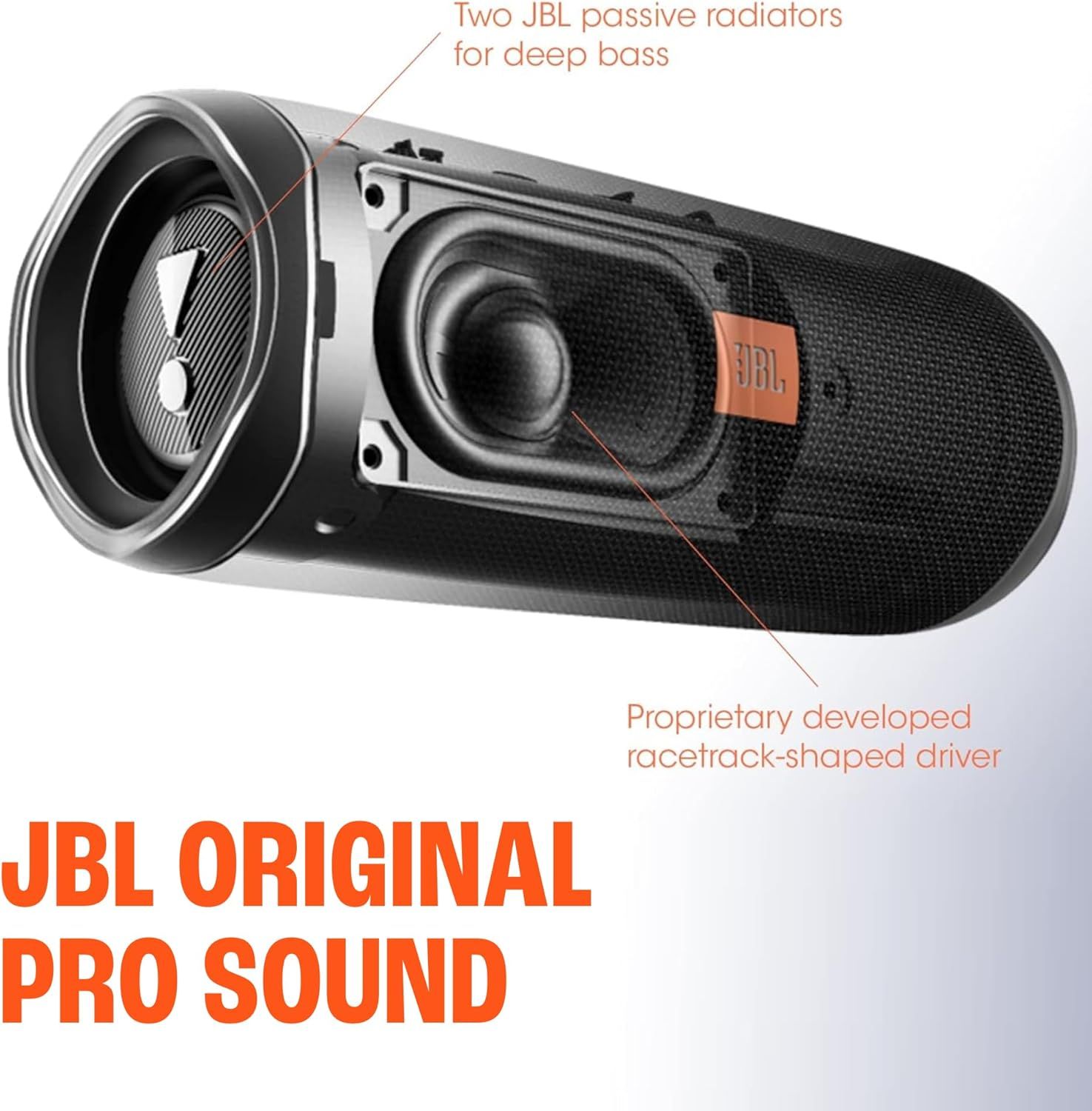 This image breaks down the internal components of the JBL speaker to showcase the proprietary audio technology and engineering that delivers superior sound quality, particularly deep bass.