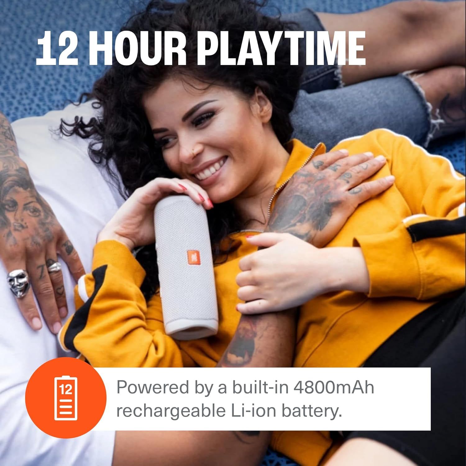Communicates the product's long battery life and capacity to reassure shoppers they can enjoy extended use without frequent recharging. Highlights the extended playtime benefit in a lifestyle…