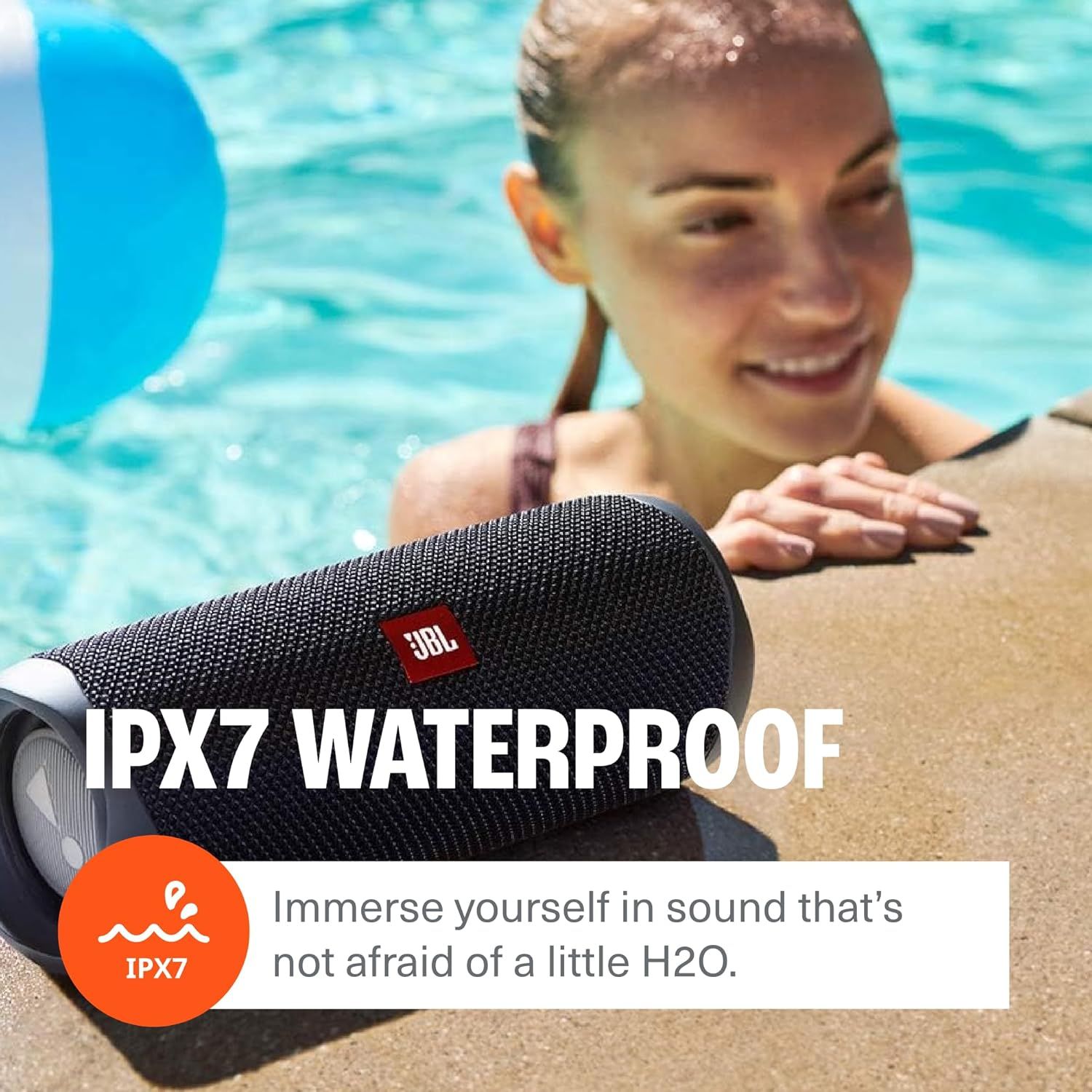 Highlights the speaker's IPX7 waterproof rating to reassure shoppers that it can safely be used around water, such as at pools or beaches.