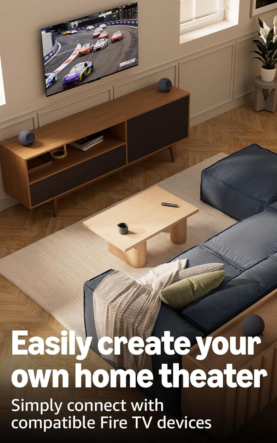 Communicates that the product (likely speakers or audio system) is compatible with Fire TV devices, enabling shoppers to easily create a home theater setup. Demonstrates the ease of creating a home…