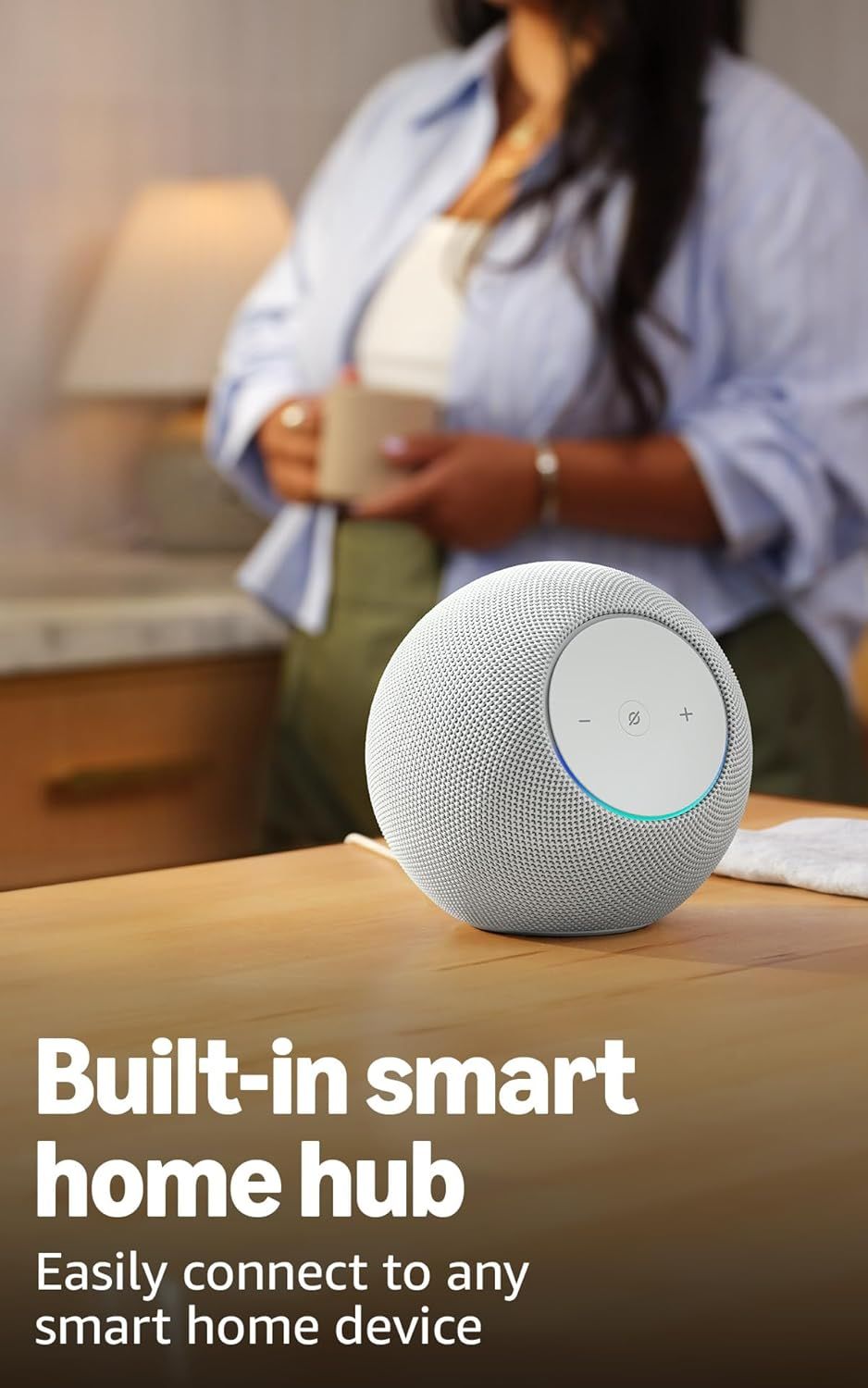 Communicates that the speaker has integrated smart home hub functionality, allowing shoppers to easily connect and control their smart home devices through this product.