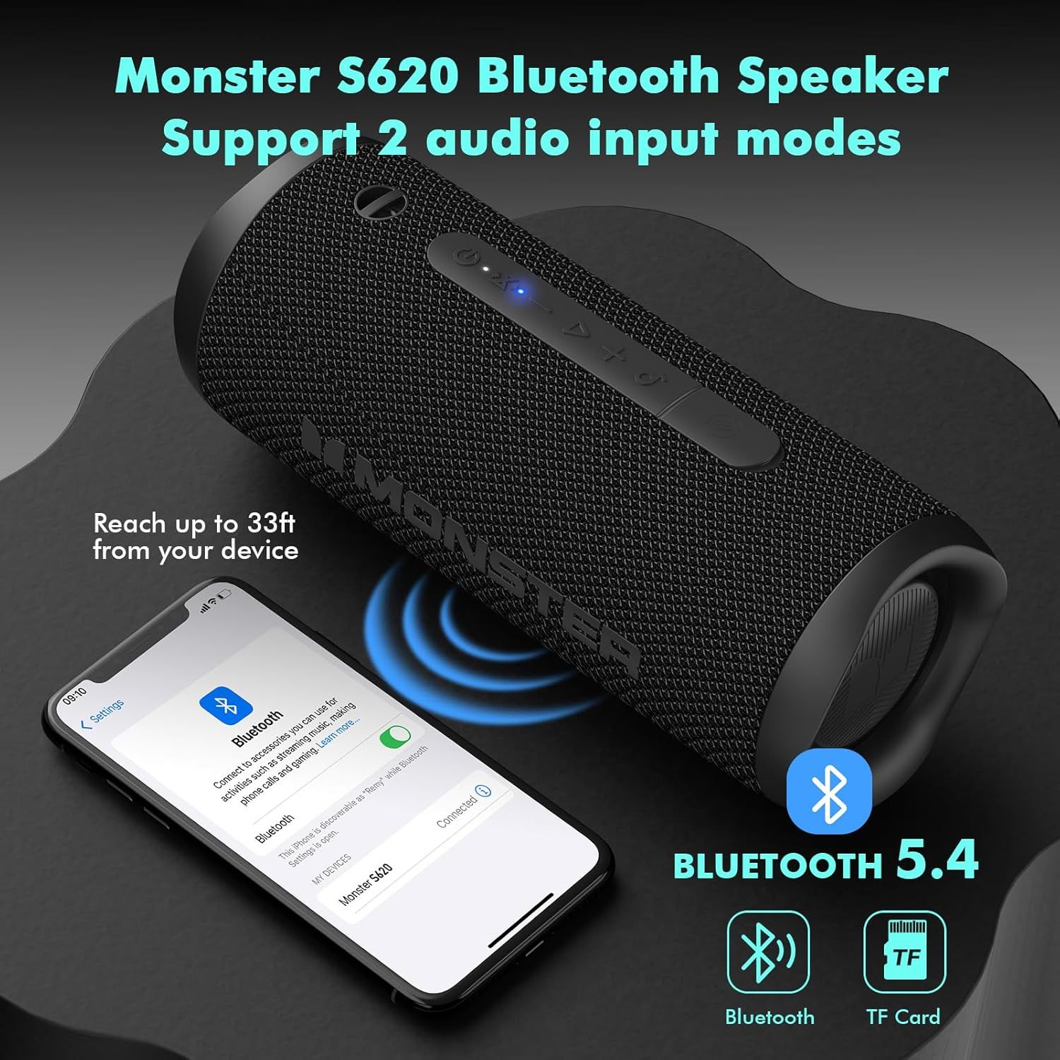 Communicates the impressive wireless range capability of the speaker, reassuring shoppers they can move freely up to 33 feet from their device while maintaining connection. Highlights the speaker's…