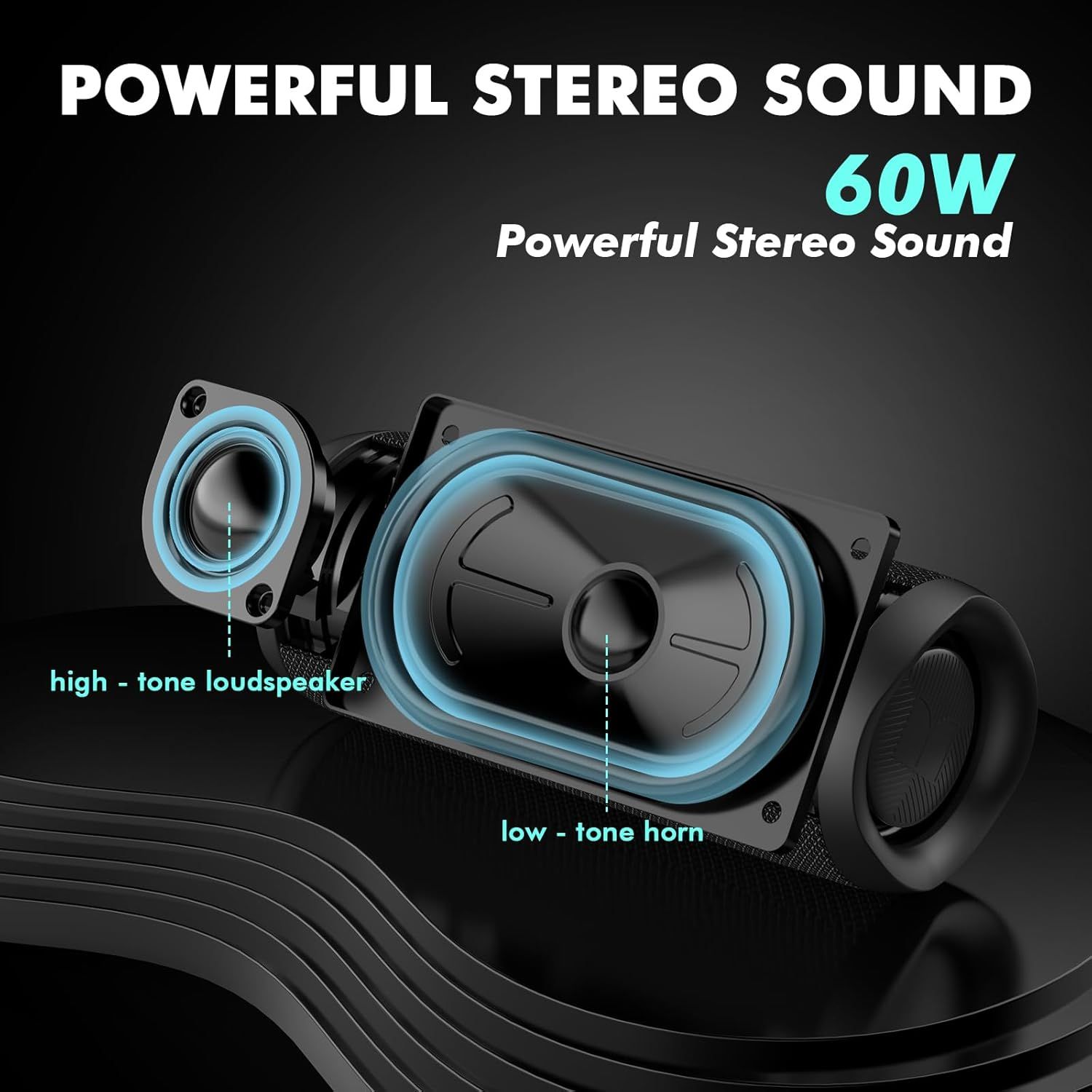 Breaks down the internal speaker components to show shoppers the dual-driver audio architecture that delivers powerful stereo sound. Highlights the 60W power specification to communicate the…