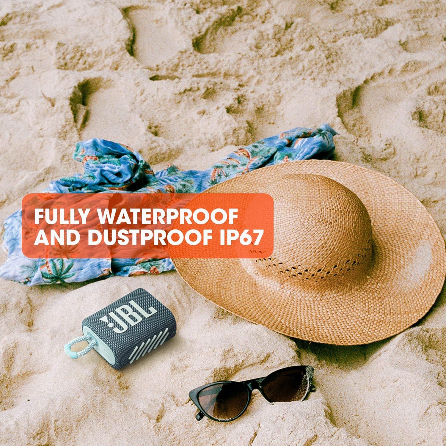 Demonstrates the product in a real-world beach setting to show its natural use environment and appeal to outdoor/travel shoppers. Highlights the product's waterproof and dustproof IP67 rating to…