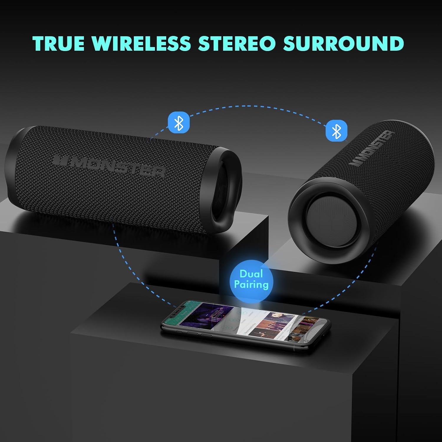 Demonstrates the product's ability to wirelessly pair two speakers together via Bluetooth to create a stereo surround sound experience, reassuring shoppers of enhanced audio quality and versatility.