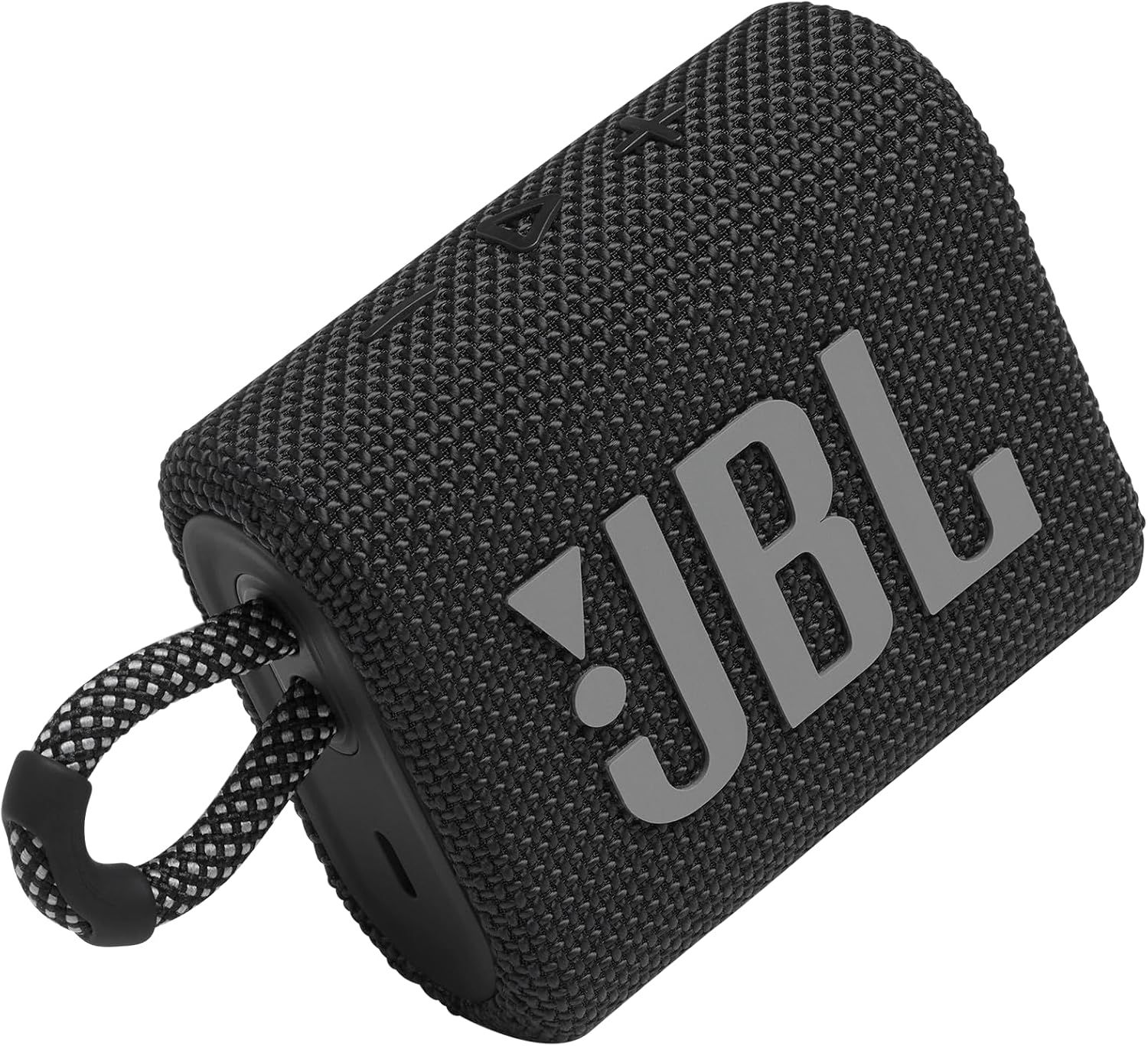 Provides a clean, catalog-style view of the JBL speaker showing its textured fabric design, brand logo, and attached carrying strap for easy product identification.