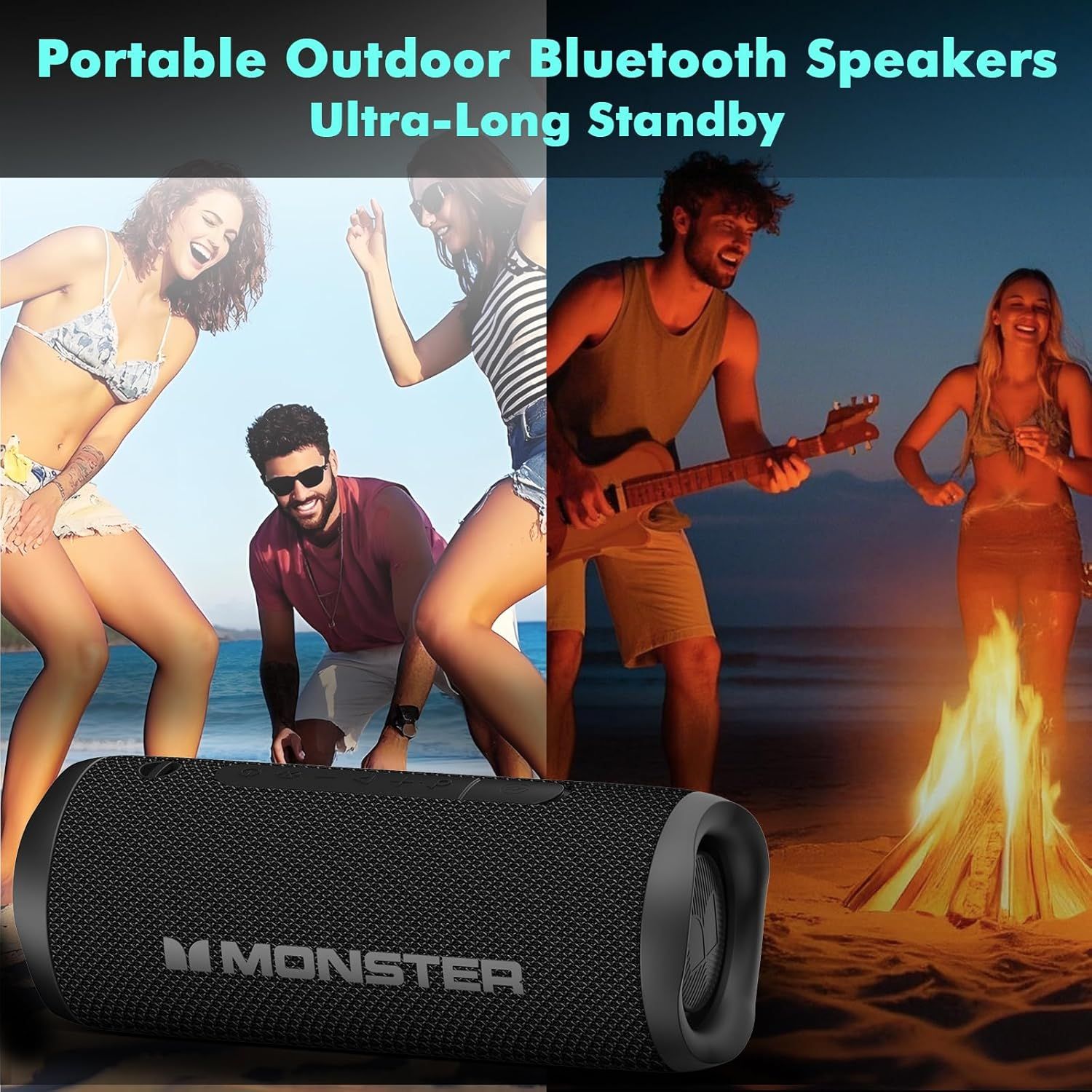 Demonstrates the speaker's versatility by showing it in multiple outdoor social scenarios—beach parties and campfire gatherings—to communicate that it's perfect for various outdoor entertainment…