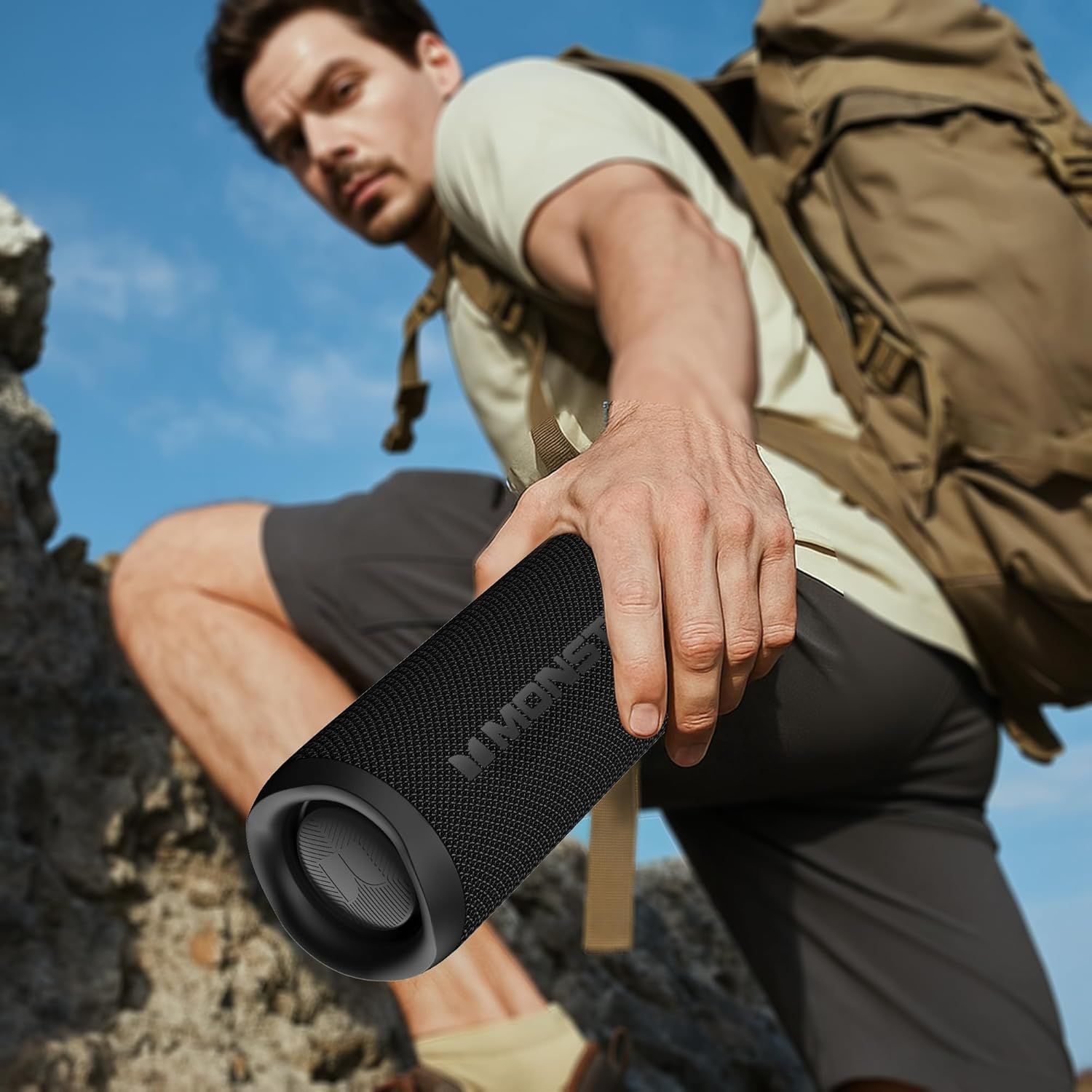 Demonstrates the product in a real-world outdoor adventure context, showing its portability and suitability for hiking and travel activities.