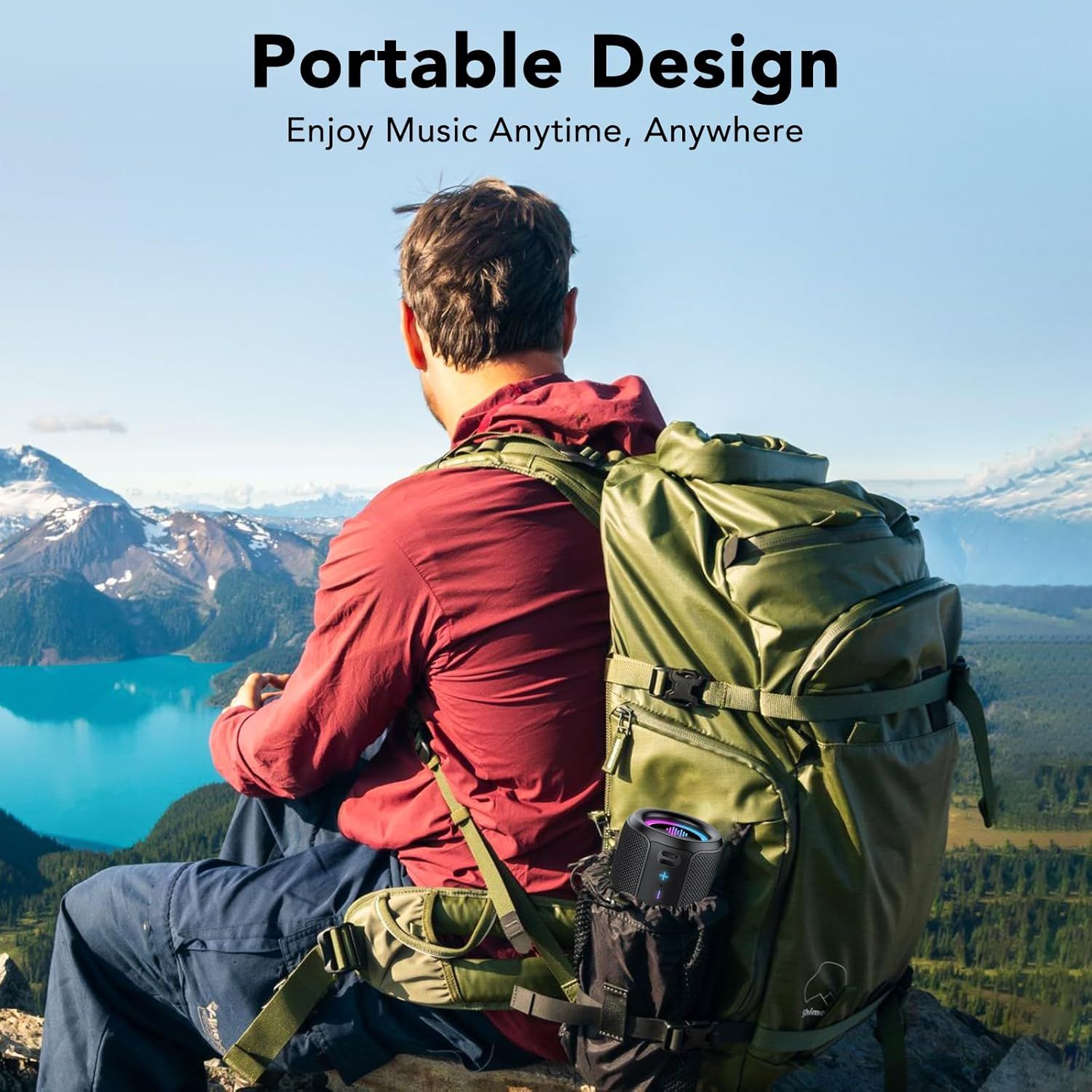 Communicates that the product (speaker) is portable and travel-friendly, perfect for outdoor adventures and enjoying music anywhere.