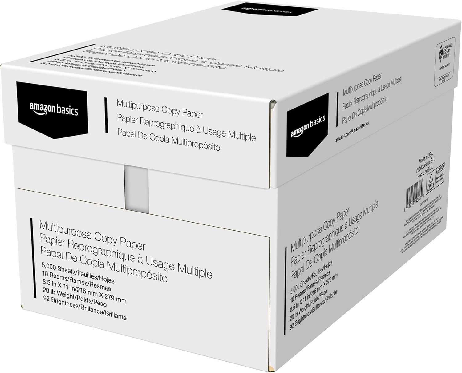 Displays the Amazon Basics multipurpose copy paper product in its retail packaging on a clean white background, providing a clear catalog-style view of what the customer will receive.