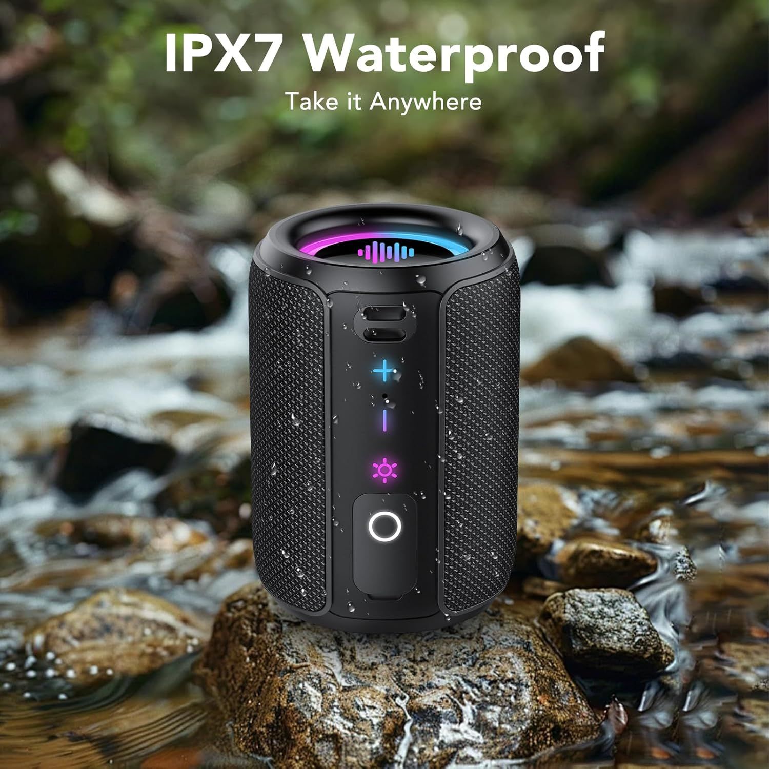Highlights the speaker's IPX7 waterproof rating and outdoor versatility, reassuring shoppers that it can withstand wet environments and be taken anywhere.