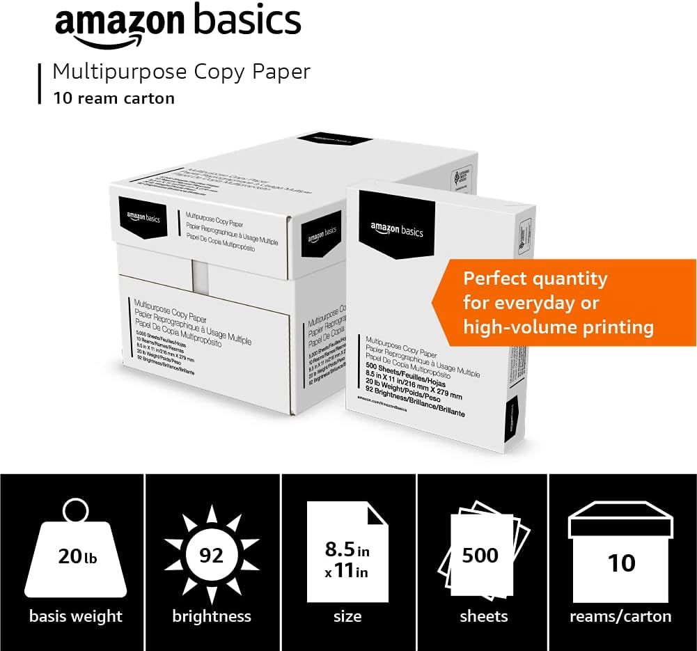 Communicates multiple key product specifications in a segmented icon layout to help shoppers quickly understand the paper's weight, brightness, dimensions, sheet count, and bulk quantity,…