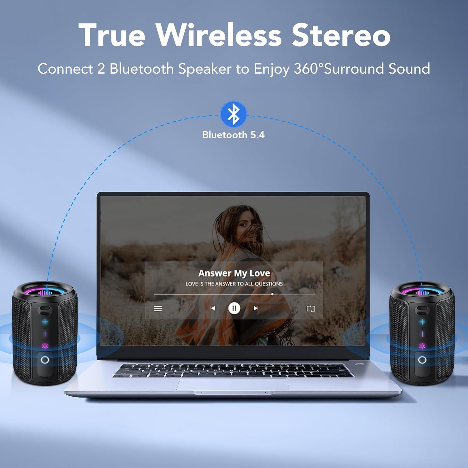 Communicates the product's ability to pair two Bluetooth speakers wirelessly for an immersive stereo sound experience, reassuring shoppers of enhanced audio quality and modern connectivity.