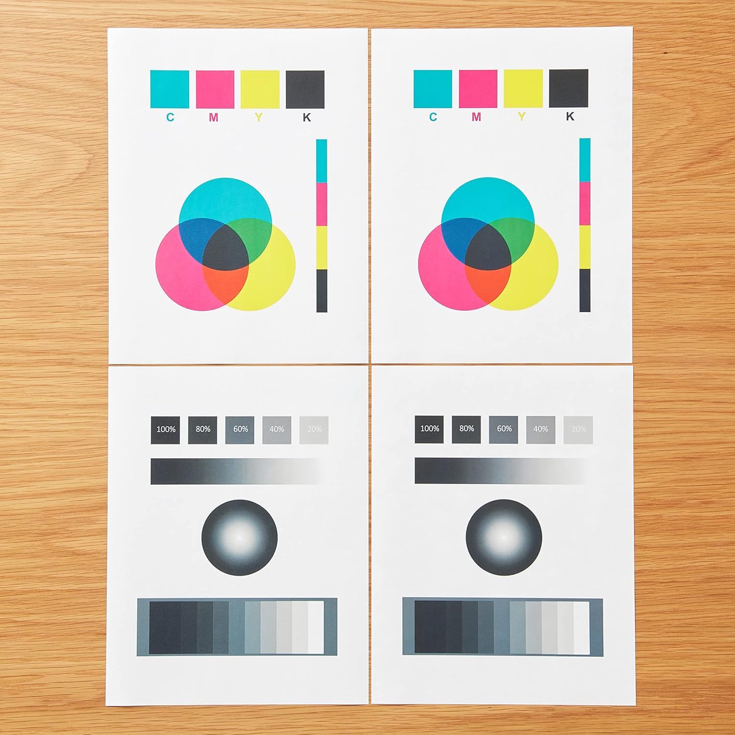This is a printer color calibration test sheet showing CMYK color accuracy, gradients, and grayscale values. It is not an Amazon product image but rather a technical printing reference document.