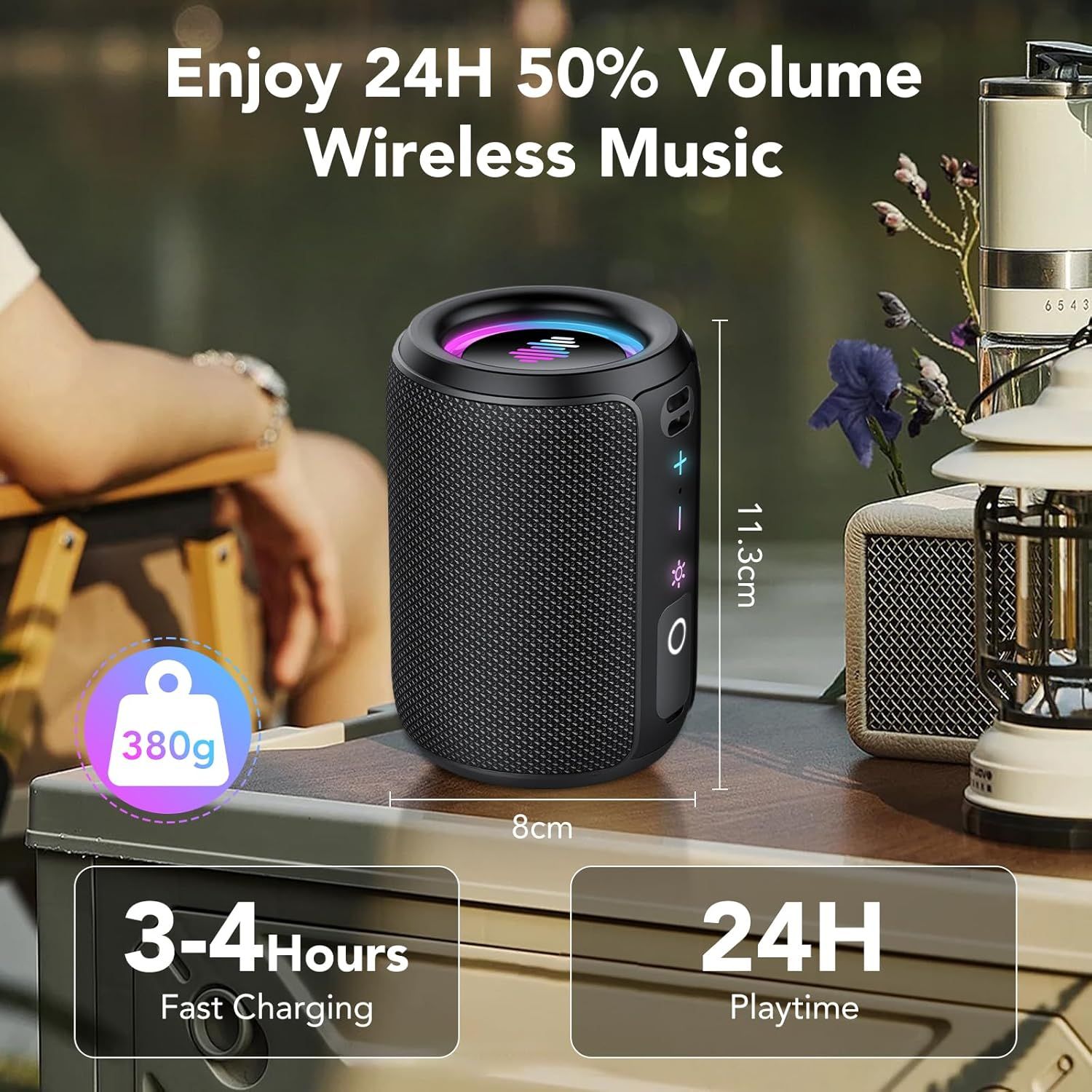 Communicates multiple key benefits of the wireless speaker including long battery life, fast charging capability, portability, and wireless functionality to demonstrate overall value and convenience.