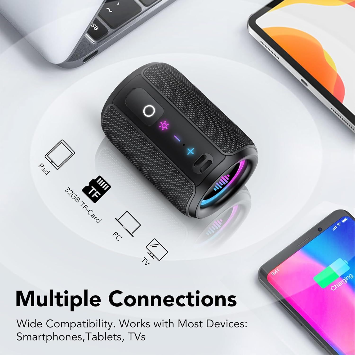 Demonstrates the product's compatibility with multiple device types (iPad, TF-Card, PC, TV, smartphones, tablets) to reassure shoppers of its versatility and wide usability across their existing…