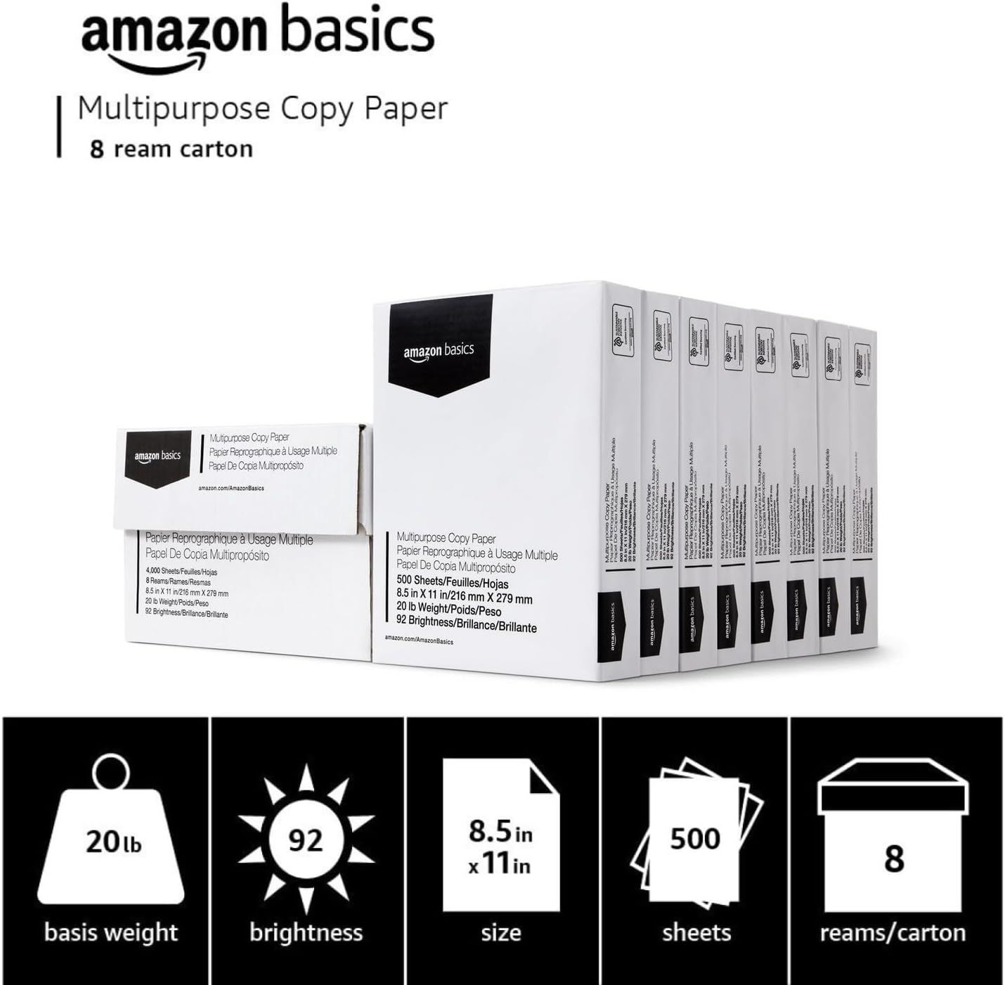 Communicates the key specifications and features of the copy paper in a clear, segmented layout to help shoppers quickly understand the product's weight, brightness, size, quantity, and packaging…