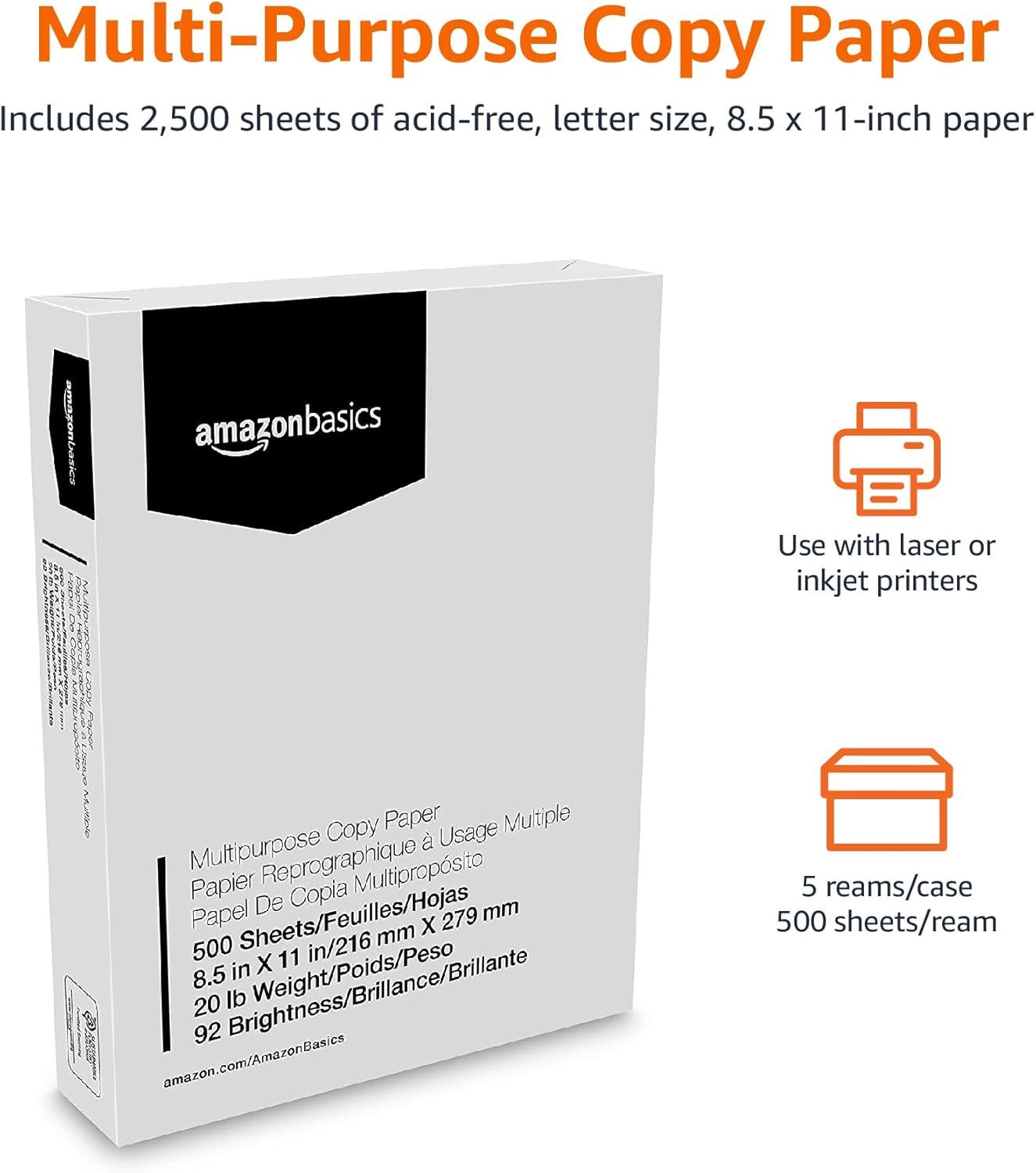 Communicates multiple key product specifications and benefits in a segmented layout: the total quantity included, compatibility with different printer types, and convenient packaging breakdown to…