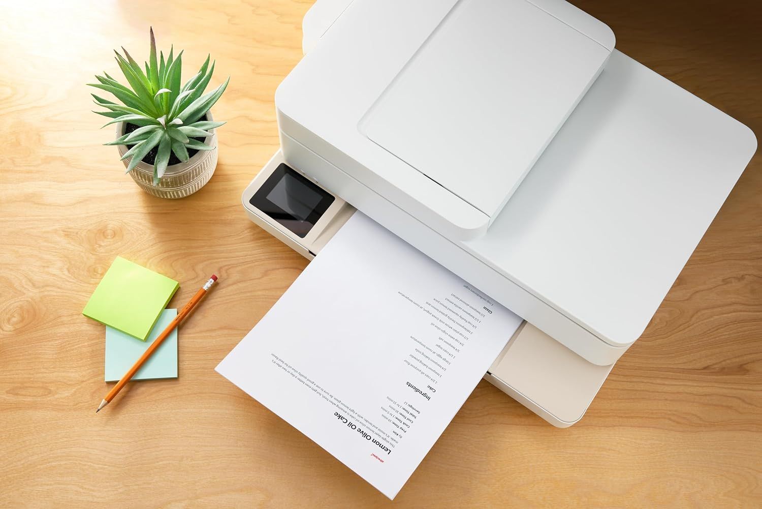Demonstrates the product in a real-world home or office setting to help shoppers visualize how the printer fits naturally into their workspace.