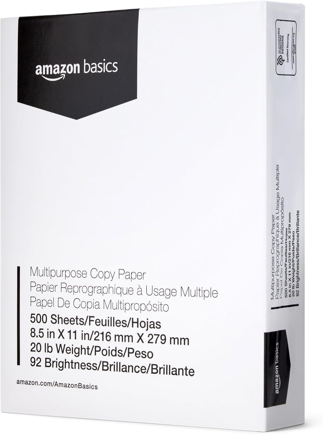 Provides a clean, catalog-style view of the Amazon Basics copy paper packaging to show shoppers exactly what they will receive.