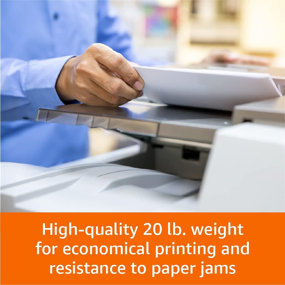 Communicates that the paper is high-quality with a 20 lb. weight specification, designed for economical printing and resistance to paper jams, reassuring shoppers of reliable performance.