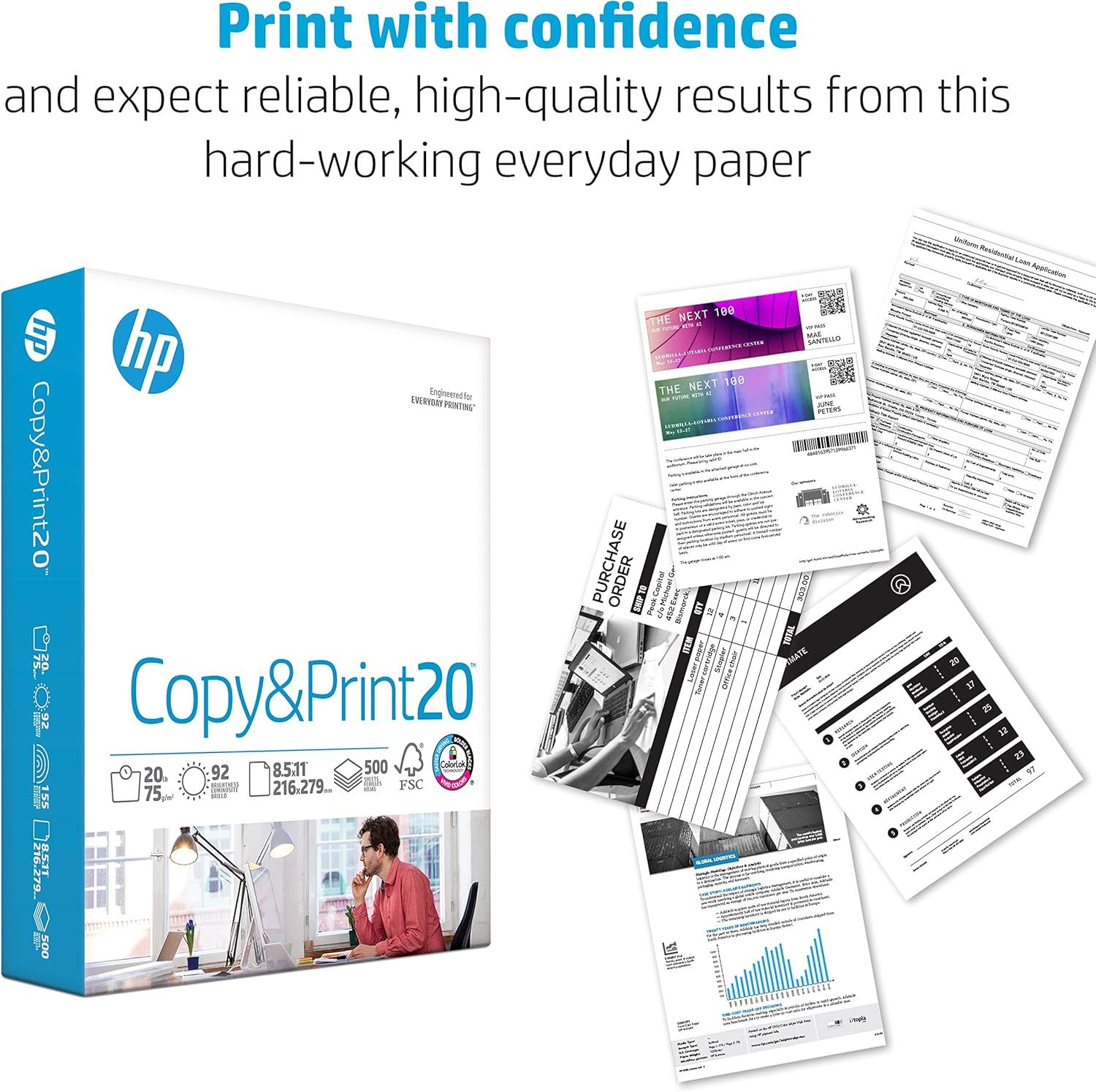Communicates the paper's reliability and high-quality printing performance across multiple use cases, showing various printed document examples to reassure shoppers of its versatility and…