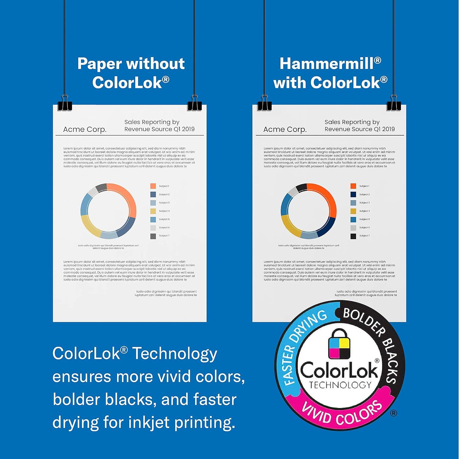 Demonstrates the superior print quality and performance of Hammermill paper with ColorLok Technology compared to standard paper without it, showing side-by-side visual proof of enhanced color…