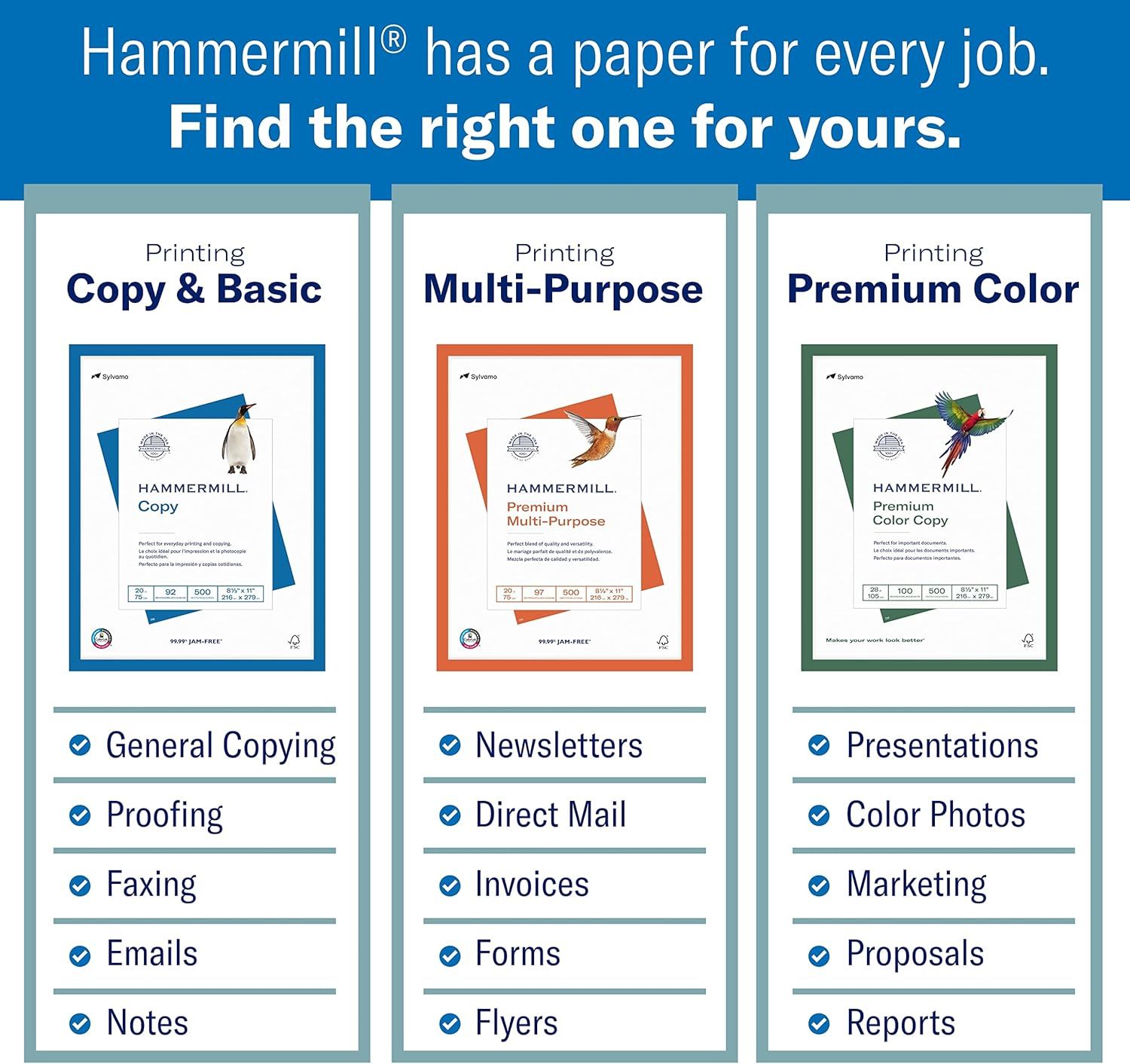 This image helps shoppers navigate Hammermill's product portfolio by showcasing three different paper types side-by-side with their specific use cases, making it easier to select the right product…