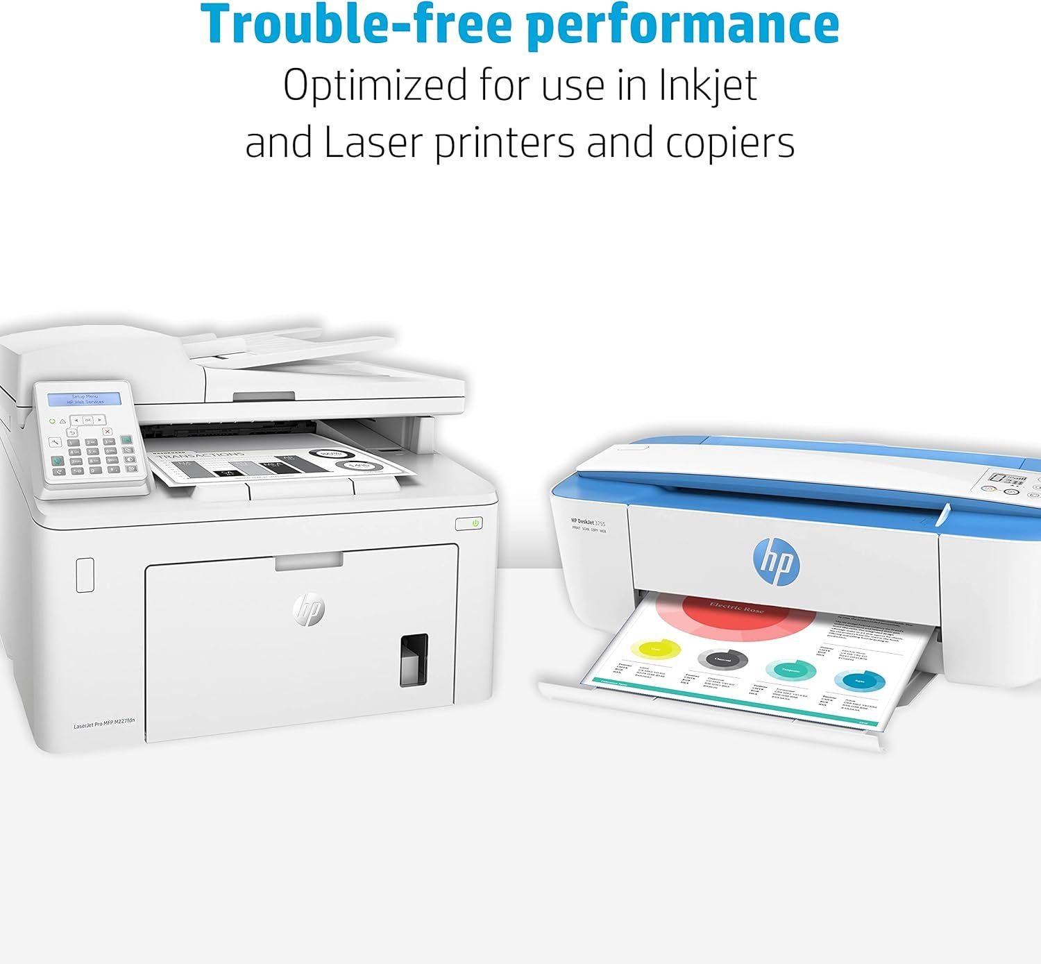 Reassures shoppers that the product is optimized for reliable, trouble-free use with both inkjet and laser printers and copiers, reducing concerns about compatibility issues. Communicates the core…