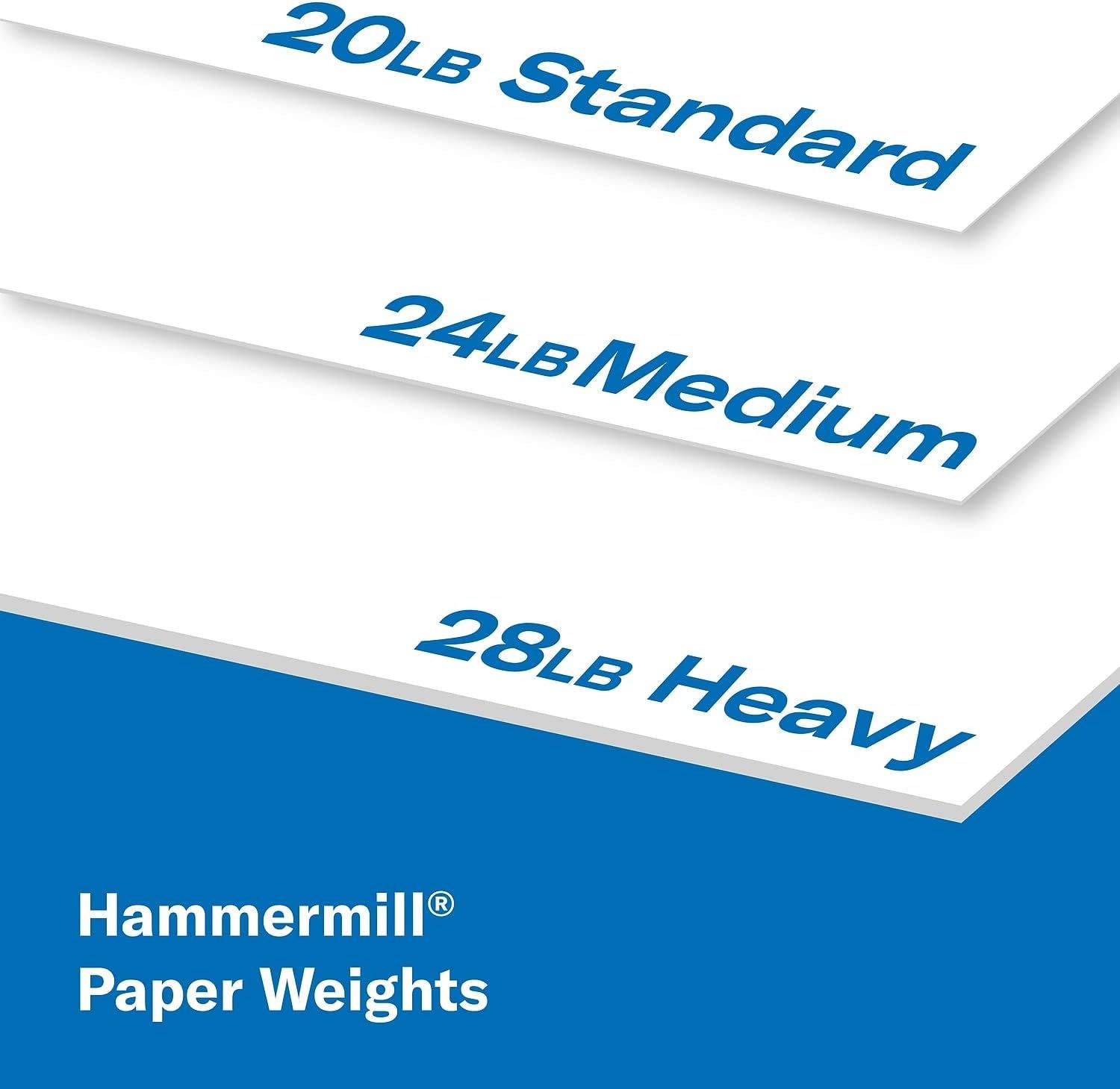 Showcases the brand's product portfolio by displaying three different paper weight options (20LB Standard, 24LB Medium, 28LB Heavy) to help shoppers choose the right Hammermill paper variant for…