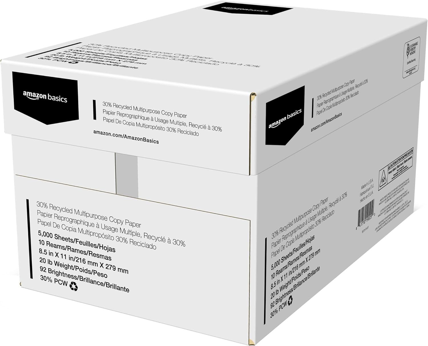 Provides a clean, catalog-style view of the Amazon Basics copy paper product in its retail packaging, showing the box from multiple angles to help shoppers understand what they will receive.