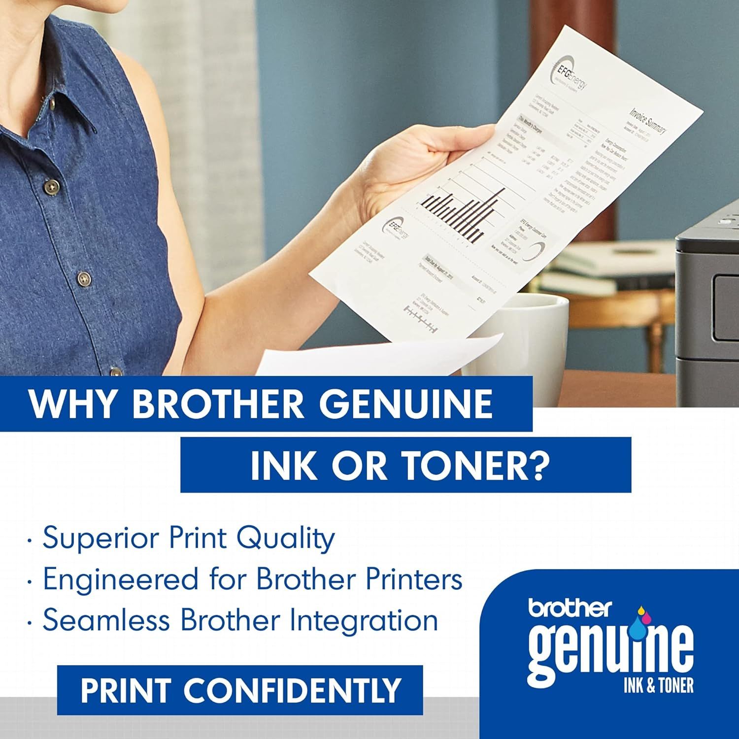Communicates multiple key benefits of Brother Genuine ink and toner to reassure shoppers about quality, compatibility, and reliability.