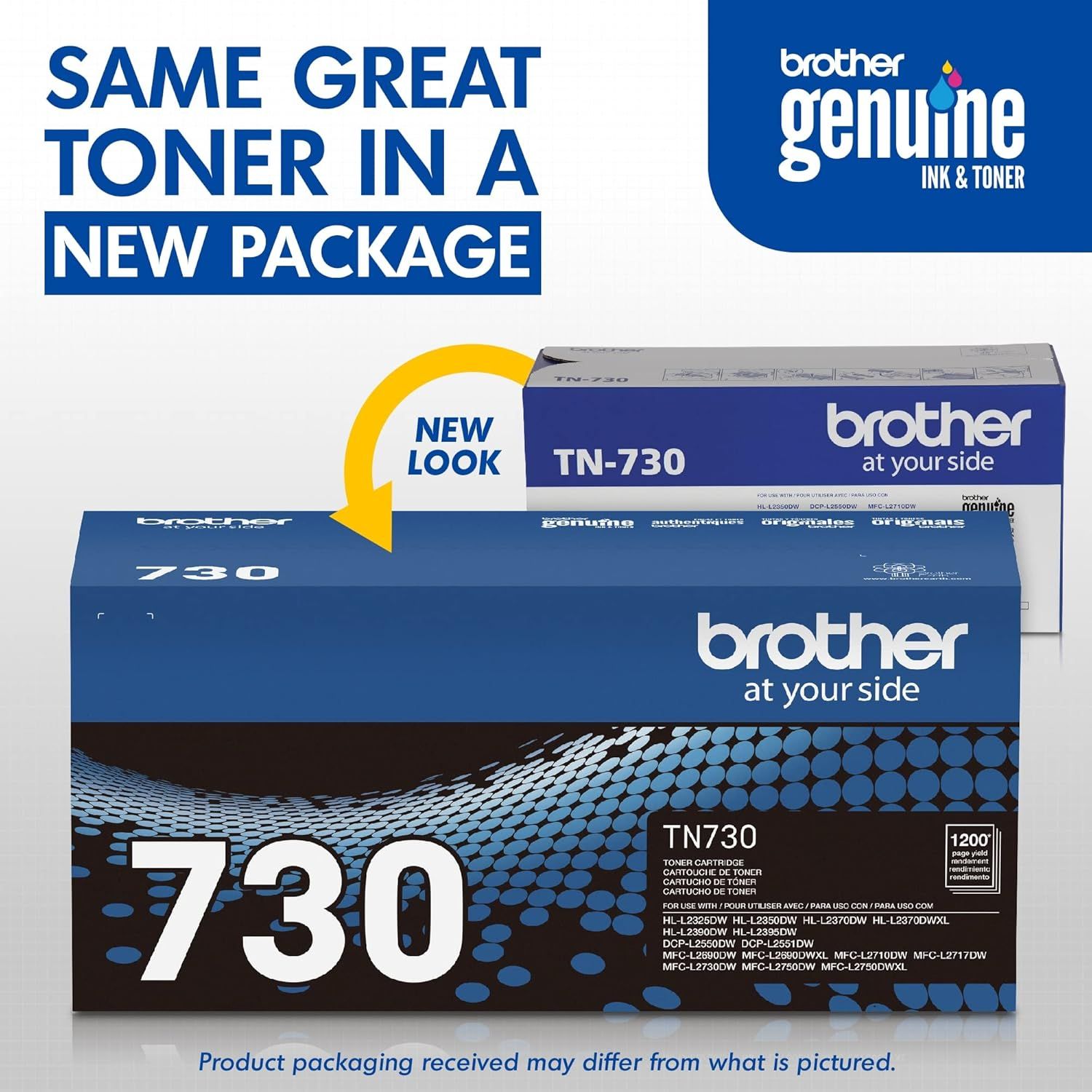 Communicates that Brother Genuine toner now comes in updated packaging while reassuring shoppers that the product inside remains the same quality.