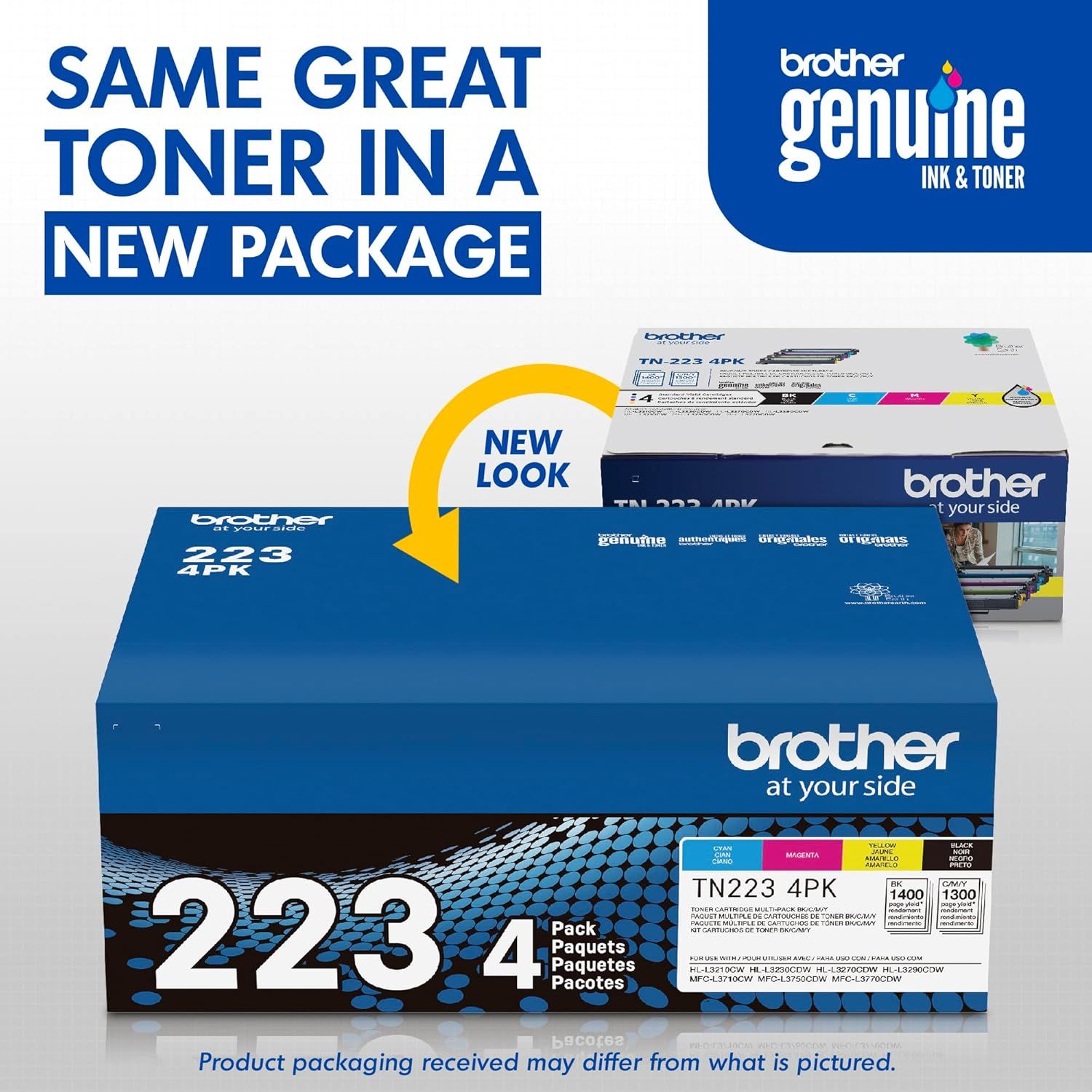 Communicates to shoppers that Brother Genuine toner now comes in updated packaging while reassuring them the product quality remains the same. Showcases the brand's product line transition.