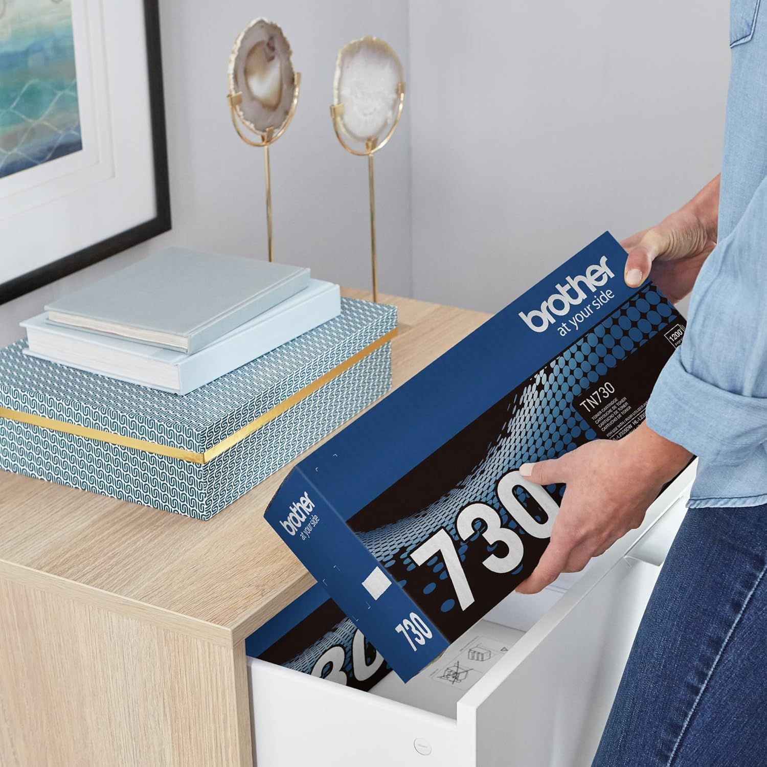 Demonstrates the product in a real-world home setting to help shoppers visualize how it fits into their daily life and storage solutions.