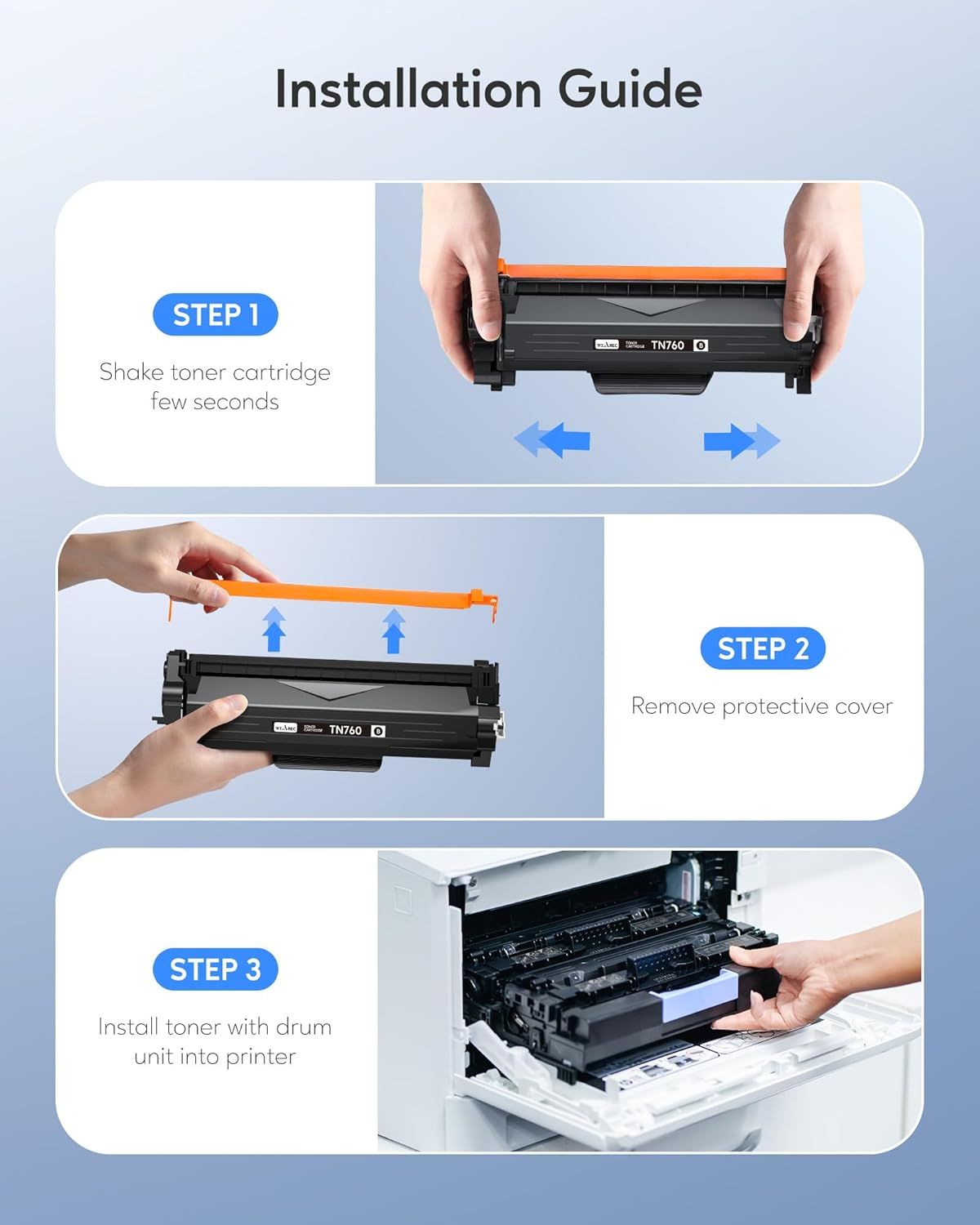 Provides clear step-by-step visual instructions to guide customers through the toner cartridge installation process, reducing confusion and ensuring proper setup.