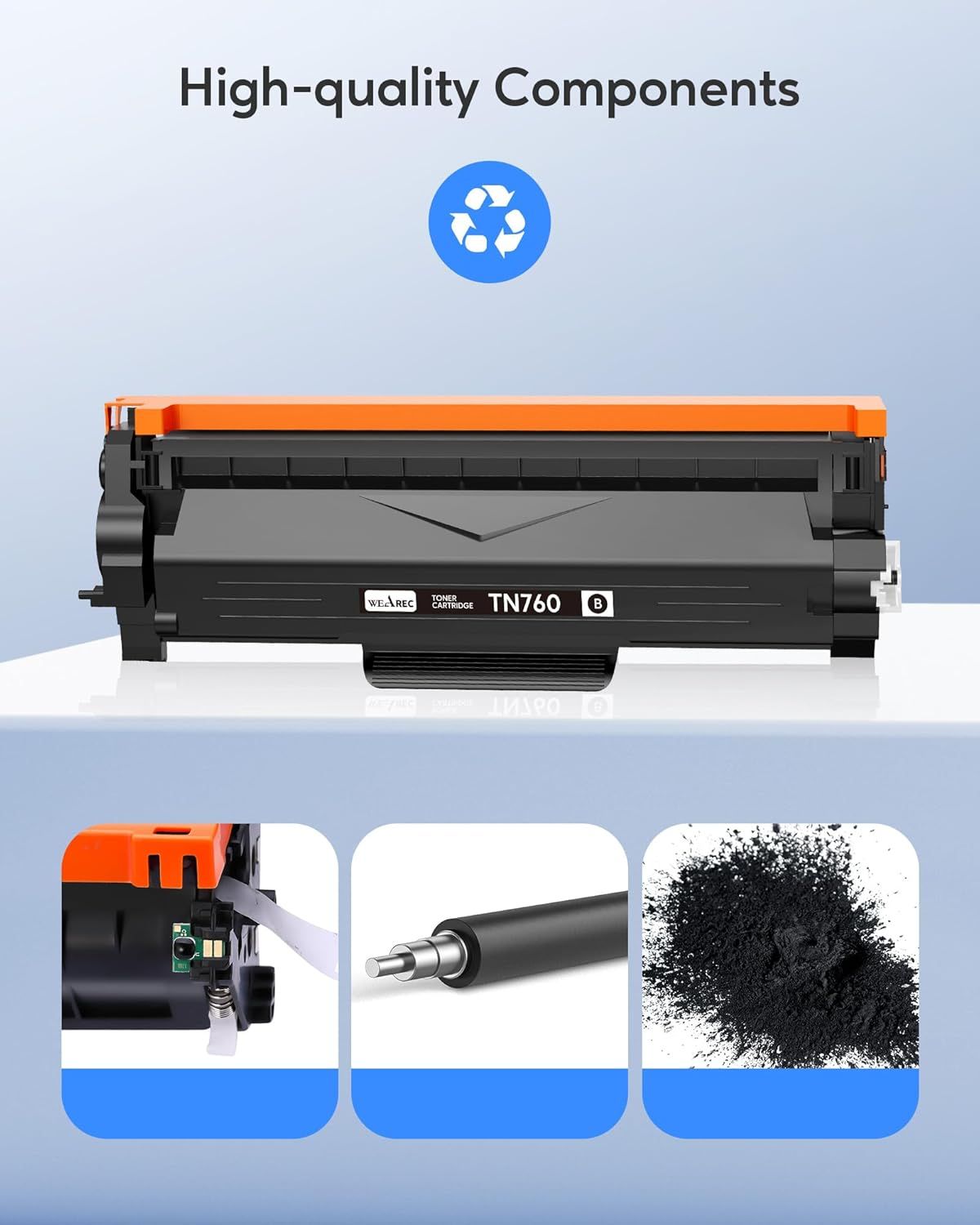 Highlights the high-quality internal components of the toner cartridge, including the chip, drum roller, and toner powder, to reassure shoppers of the product's quality and construction.…