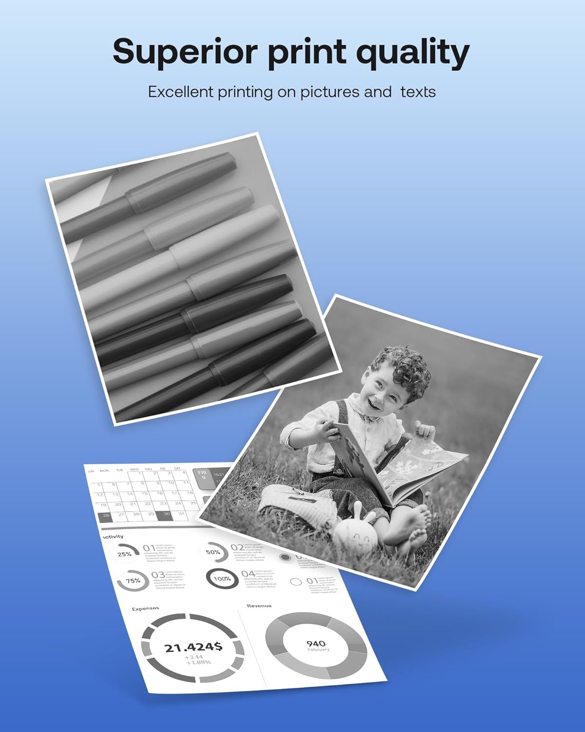 Communicates the product's ability to produce excellent, high-quality prints on both pictures and text documents, reassuring shoppers about output quality.