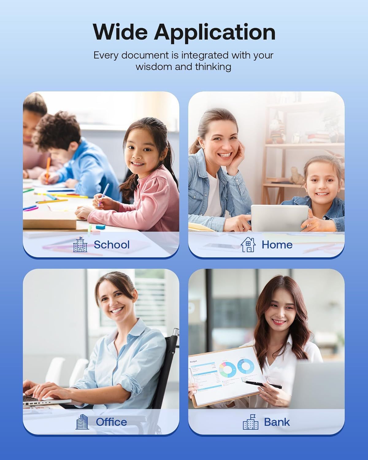 Demonstrates the product's versatility by showing it can be used across multiple environments and scenarios—educational settings, home learning, professional office work, and financial/business…