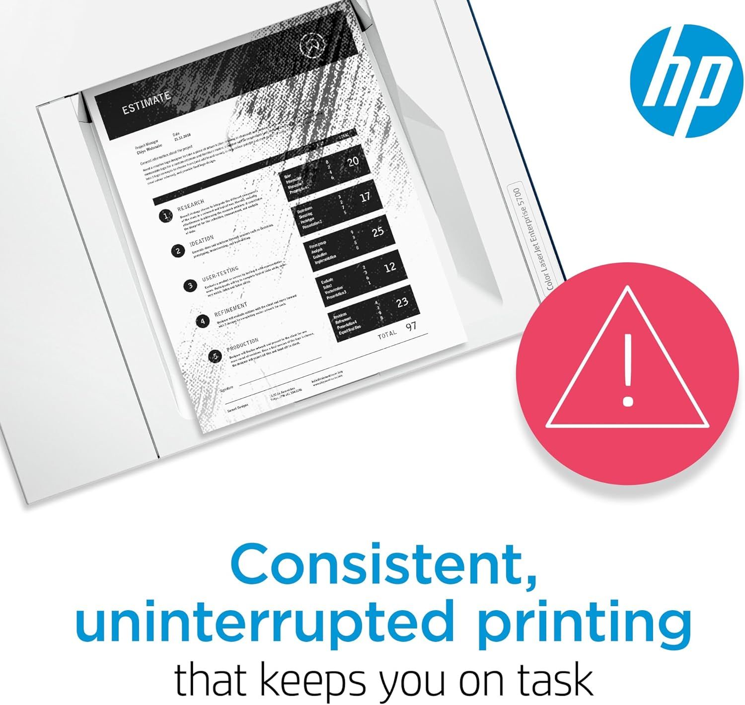 Communicates that the HP printer delivers consistent, reliable printing without interruptions, helping users stay productive and on task.